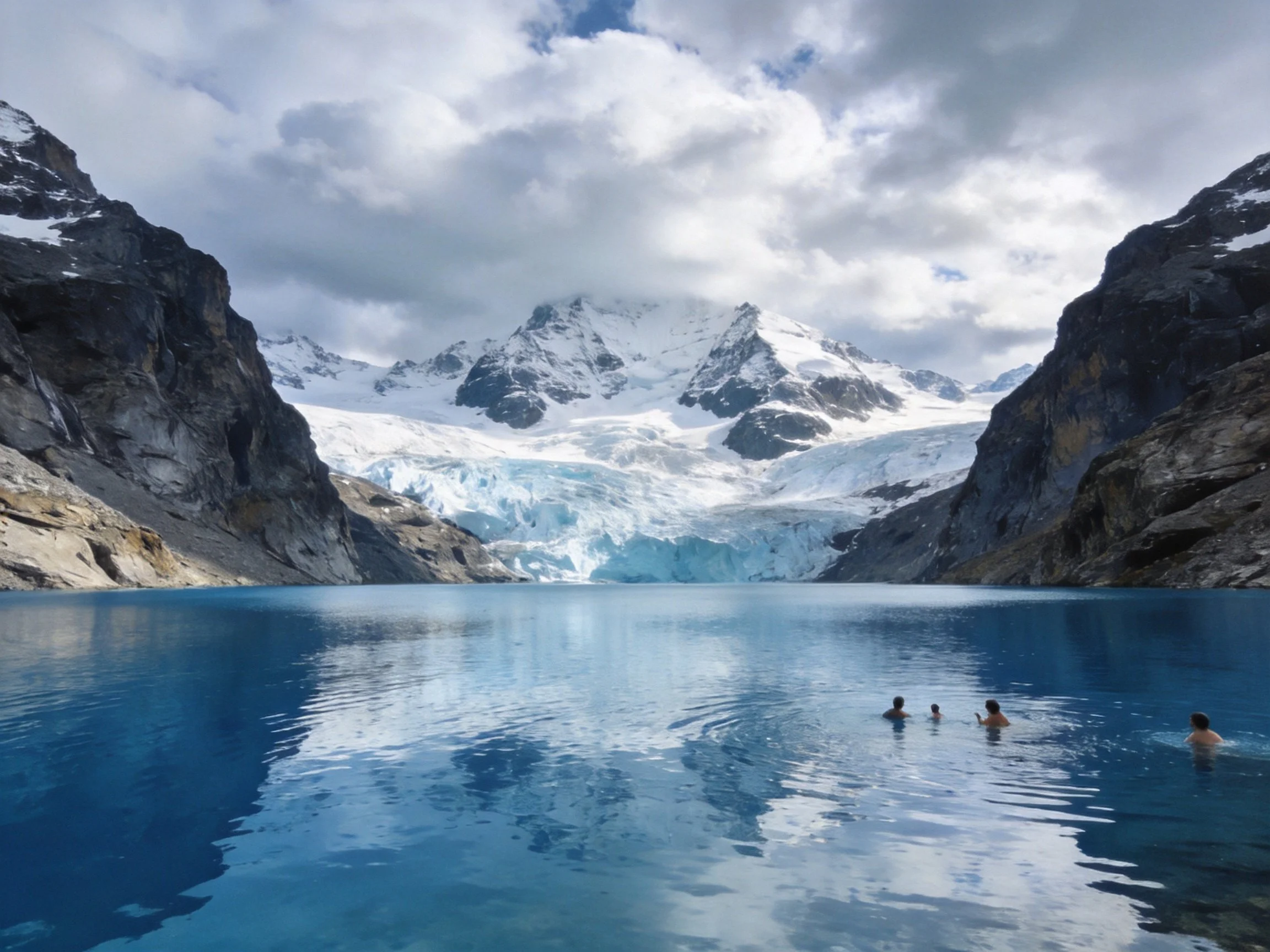 A serene glacial lake with swimmers near towering snow-capped mountains