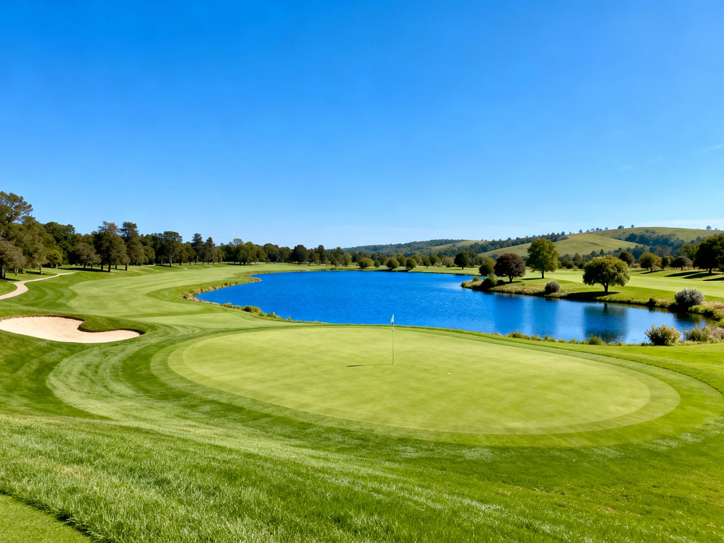 A serene golf course with a blue lake and manicured green areas