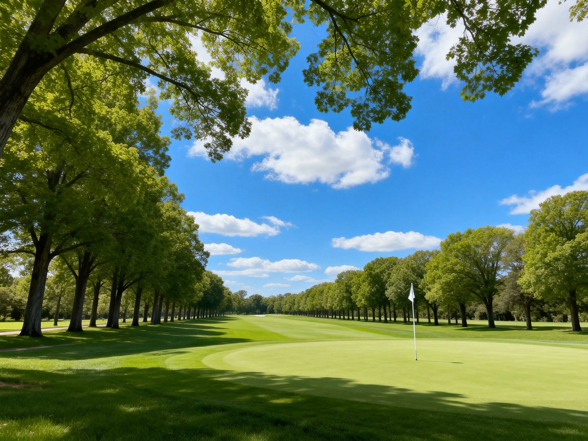 A serene golf course with lush green fairway and tall leafy trees