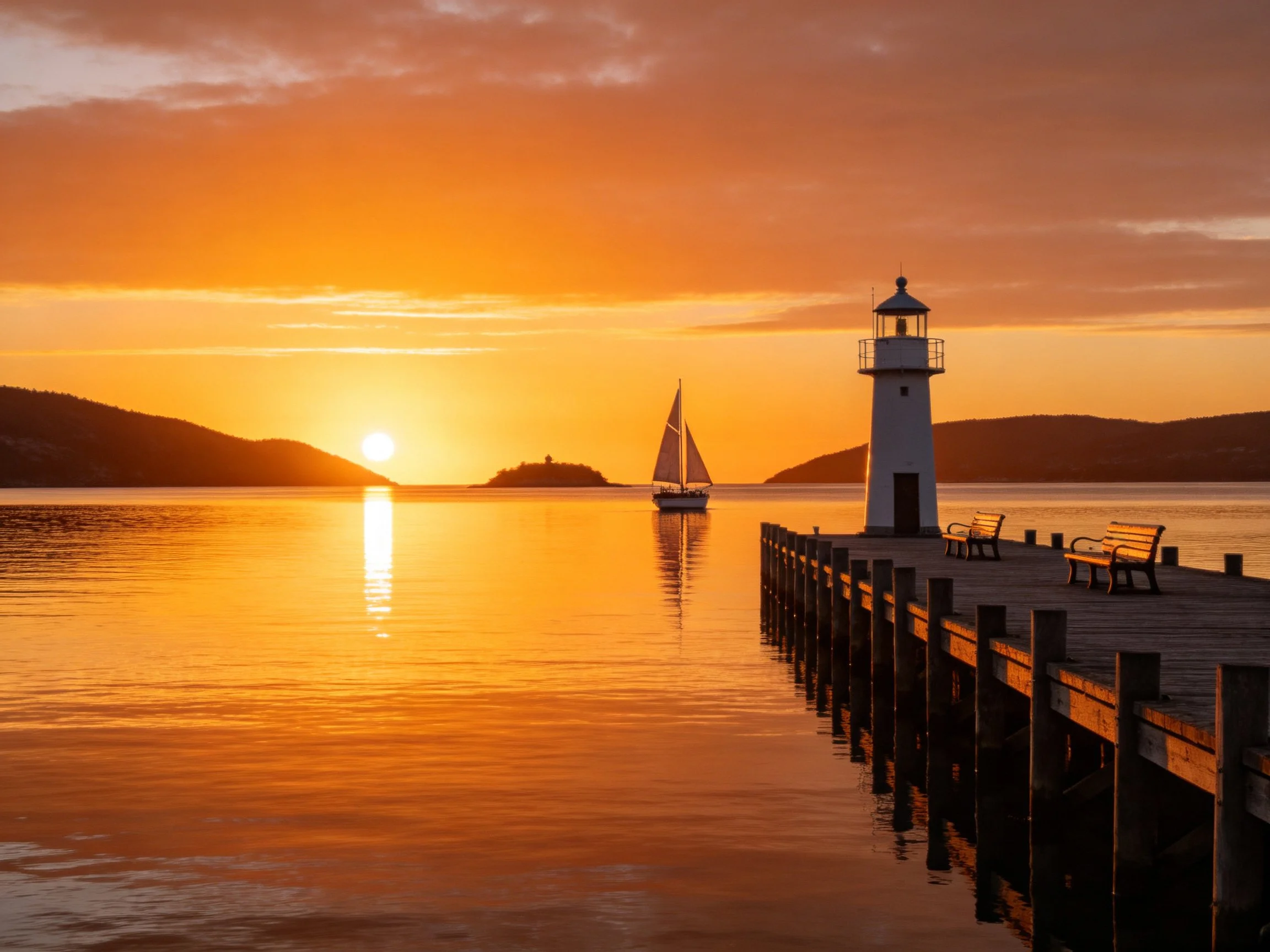 A serene harbor sunset with a white lighthouse and sailboat