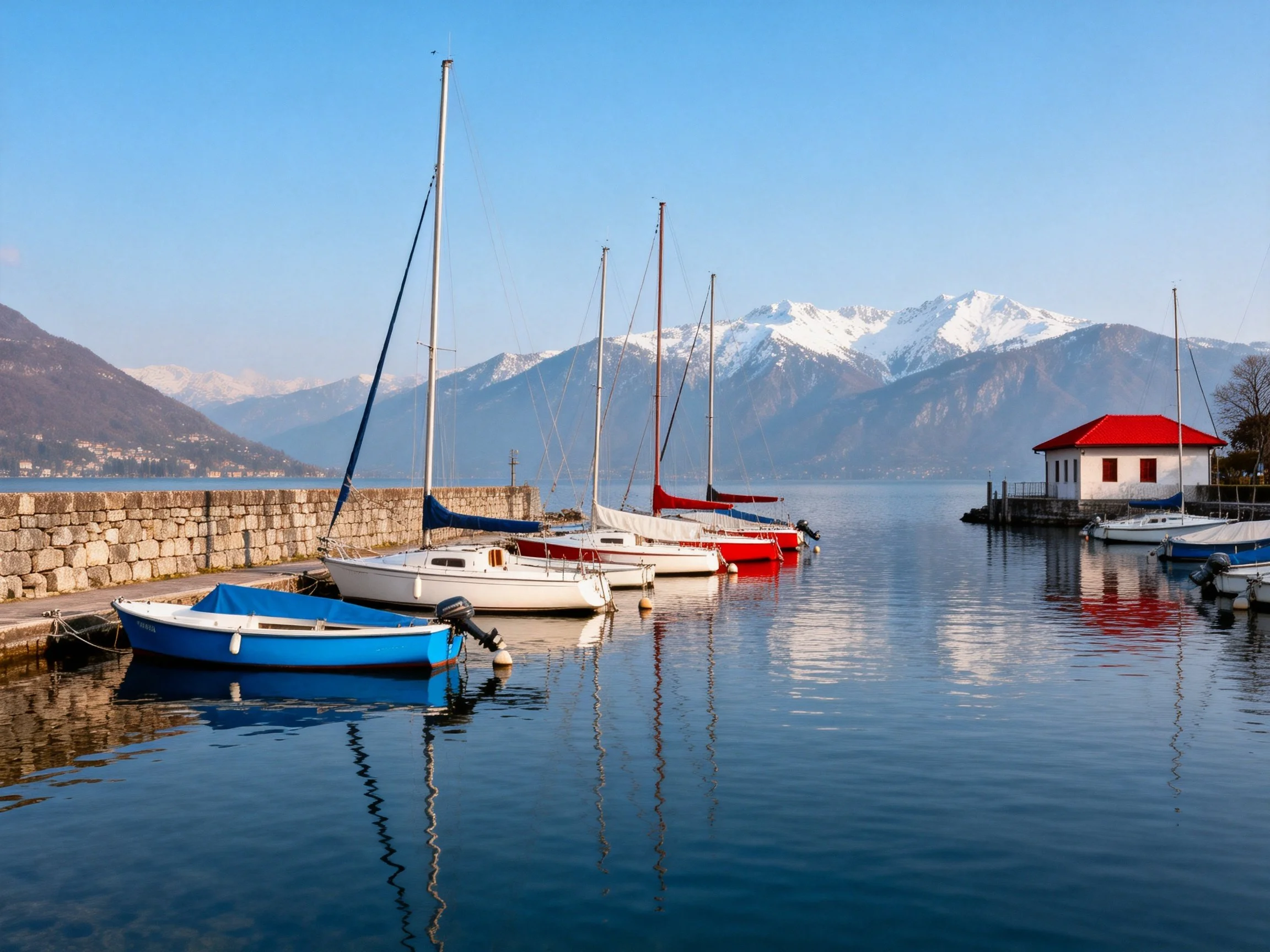 A serene harbor with colorful sailboats, stone walls, and snow-capped mountains
