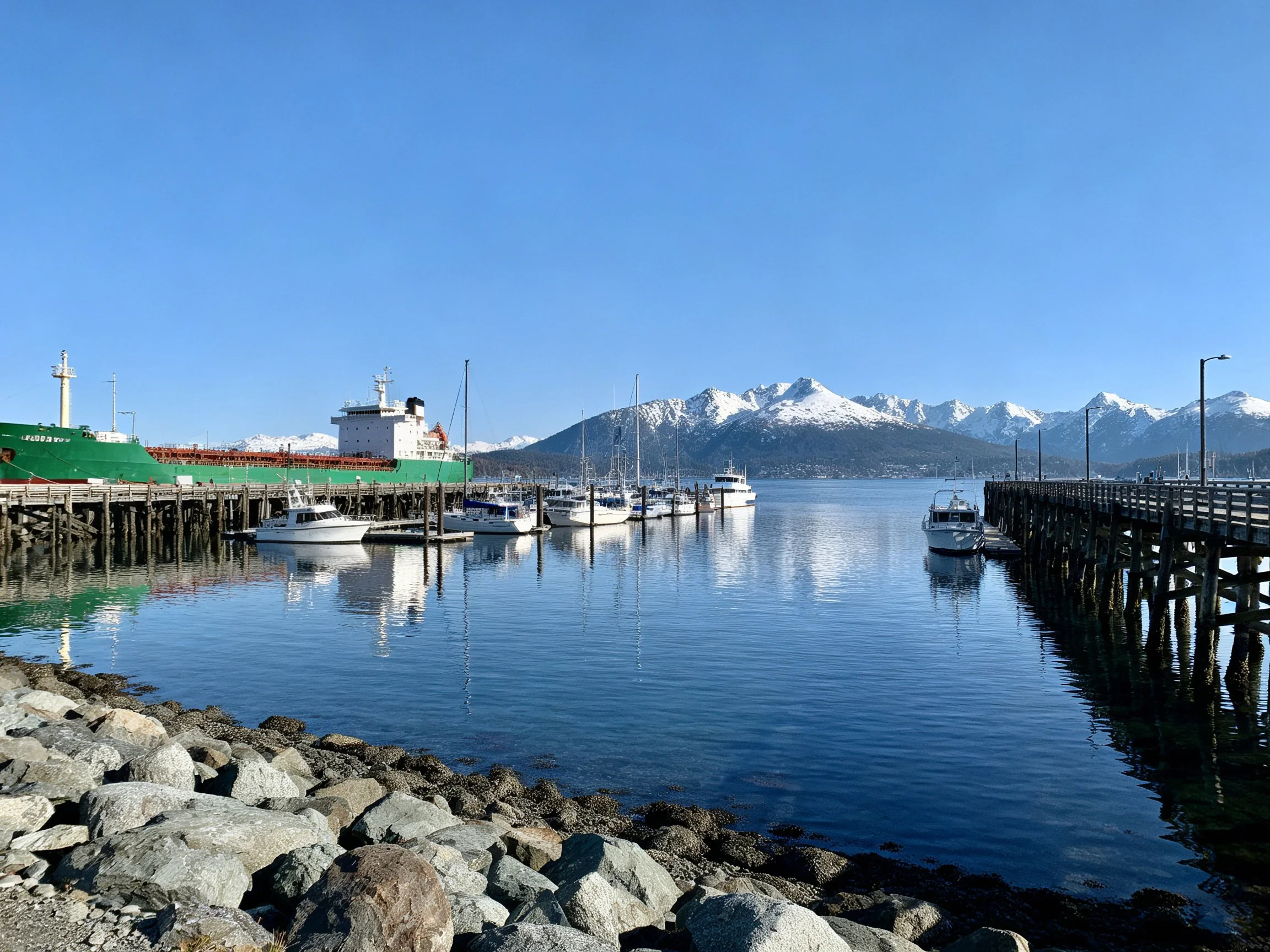 A serene harbor with docked boats, rocky shore, and snow-capped mountains.