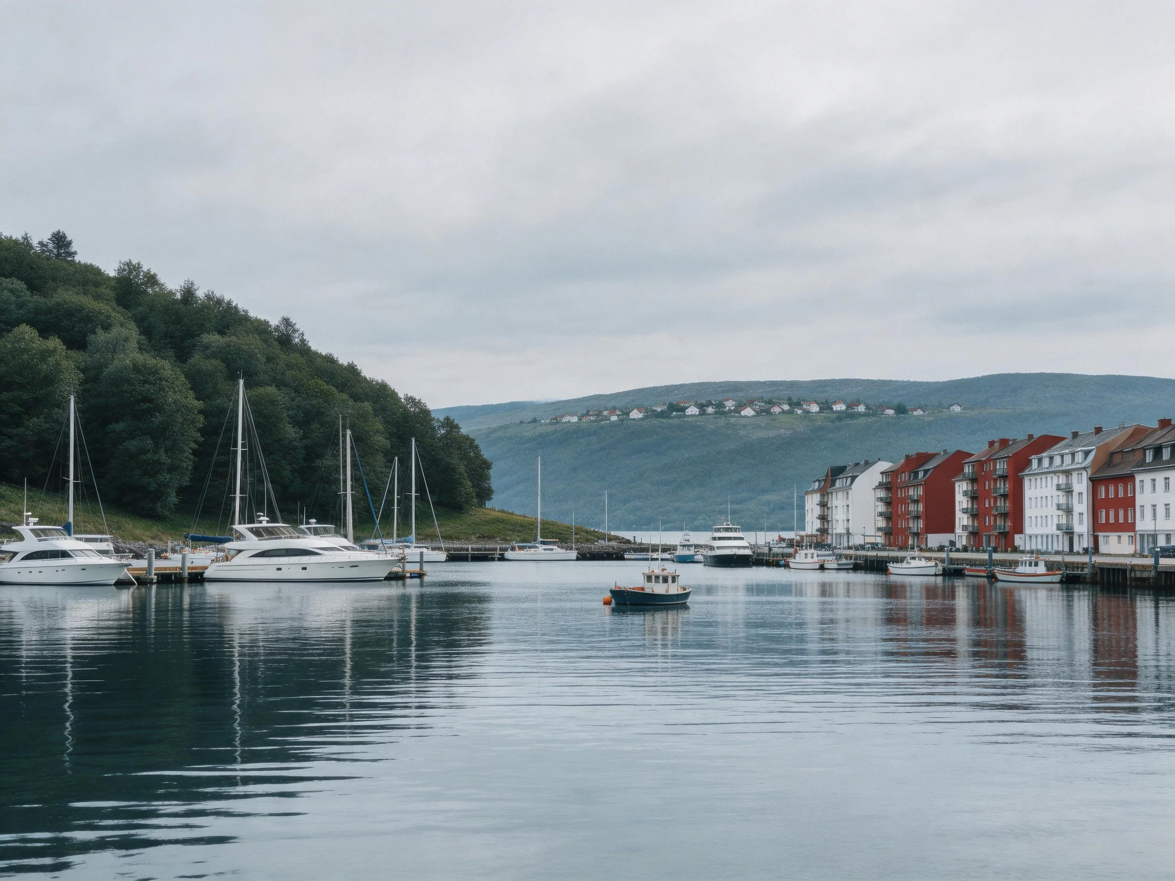 A serene harbor with sailboats, colorful buildings, and forested hills
