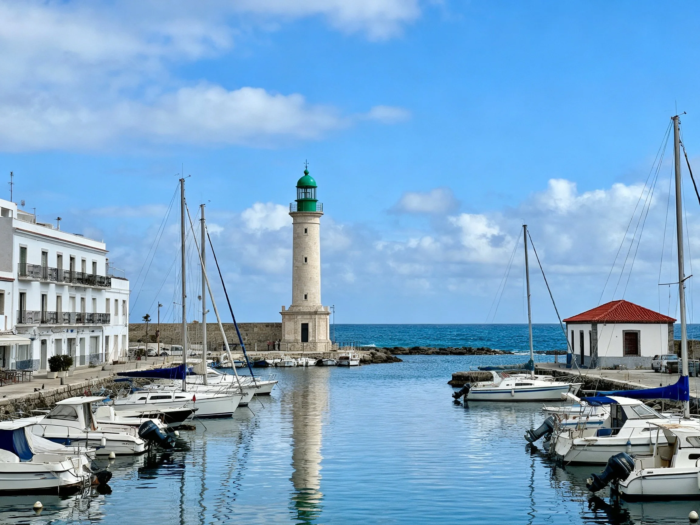 A serene harbor with white boats, a green-topped lighthouse, and clear skies