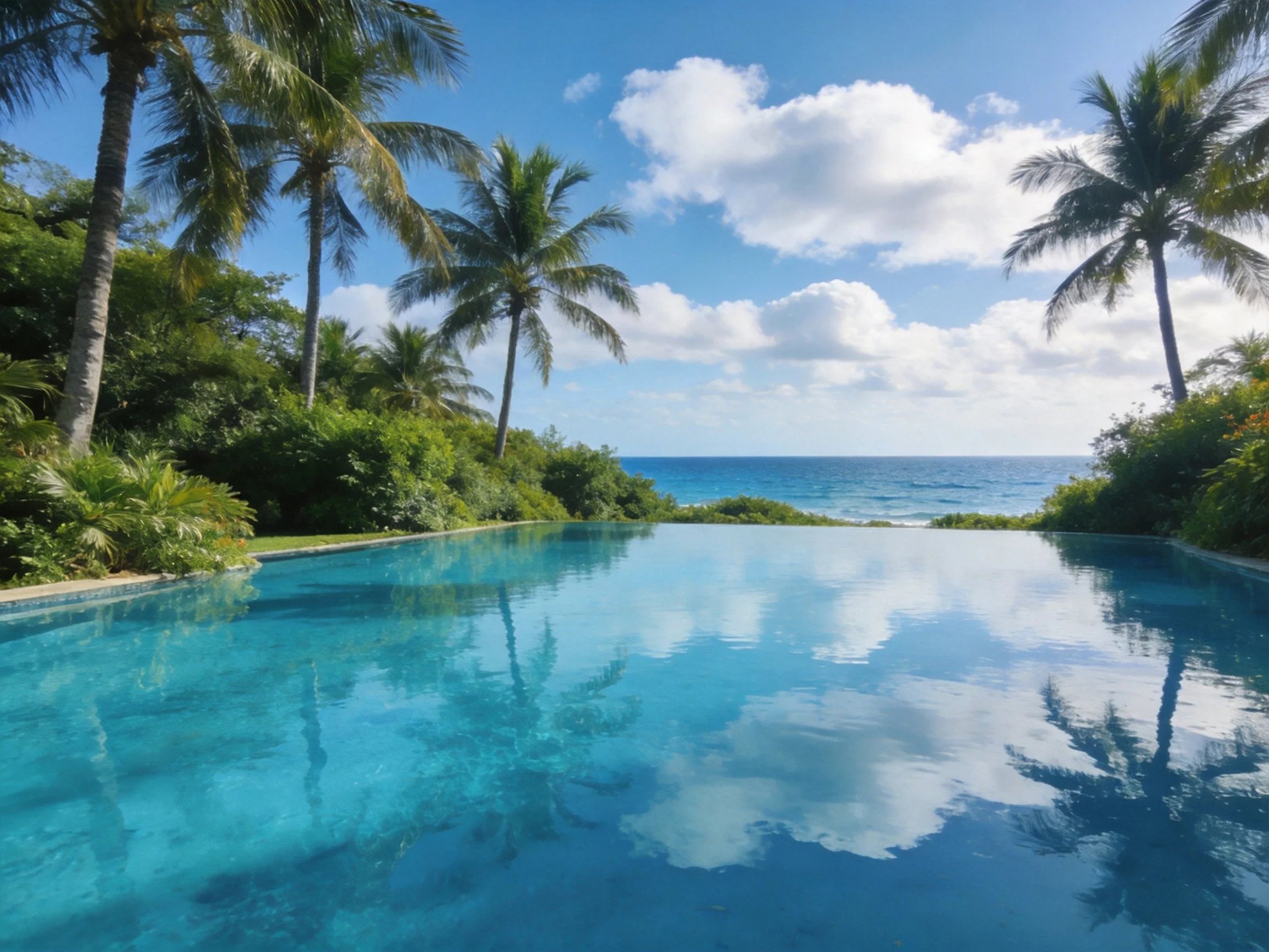 A serene infinity pool with turquoise water beside palm trees overlooking the ocean