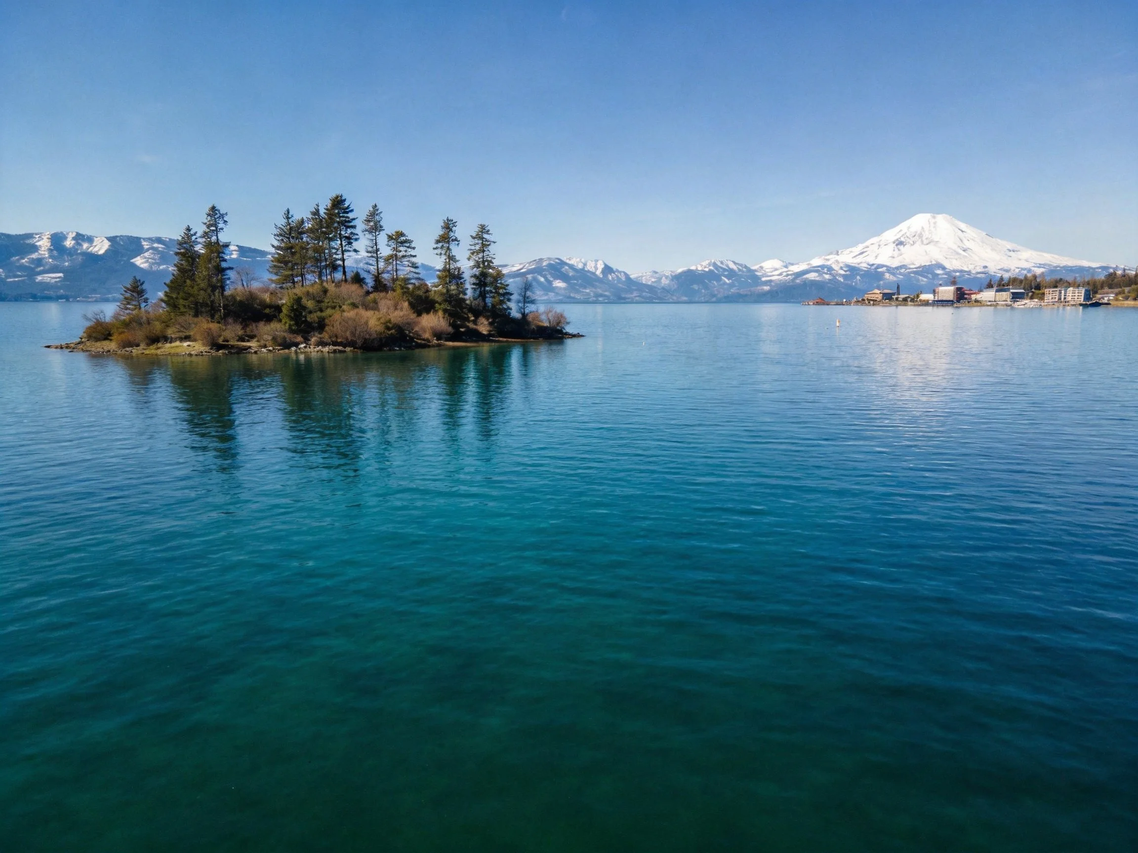 A serene island in turquoise waters near snow - capped mountains