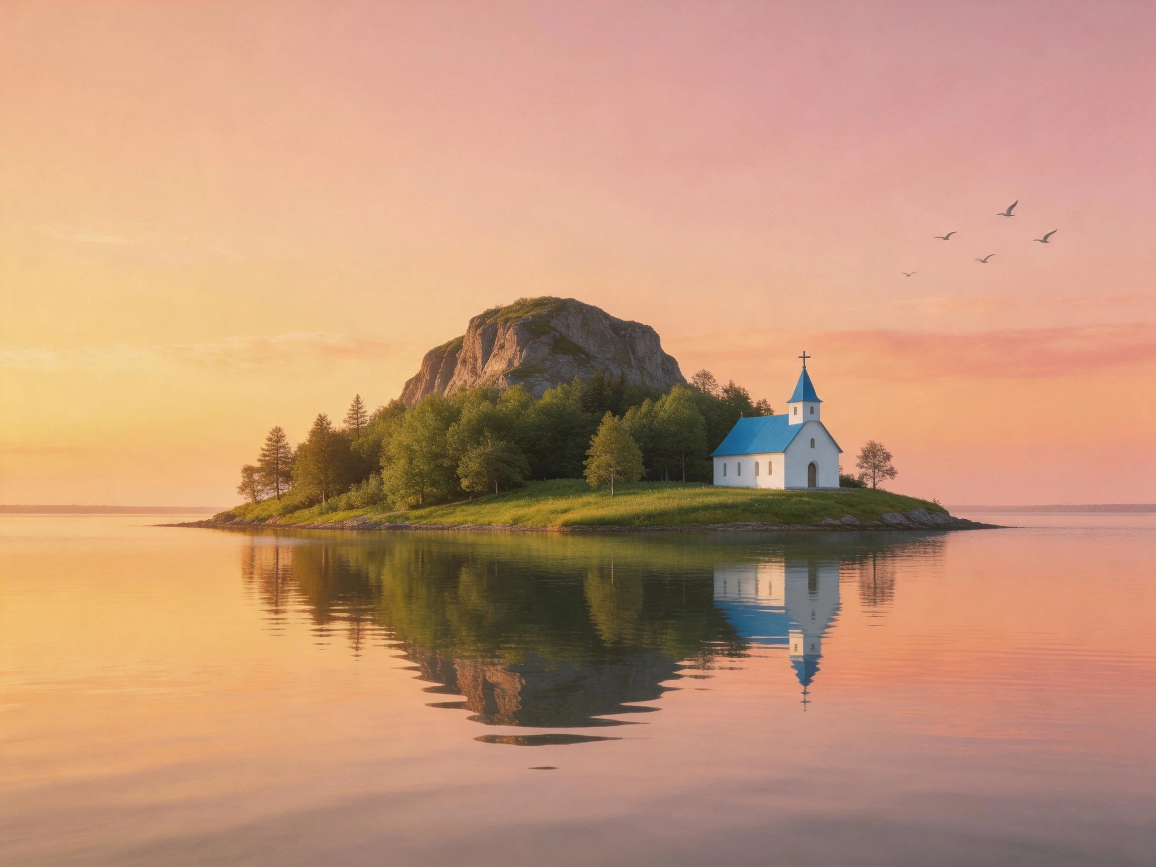 A serene island with a white church, blue roof, rocky hill, and calm waters