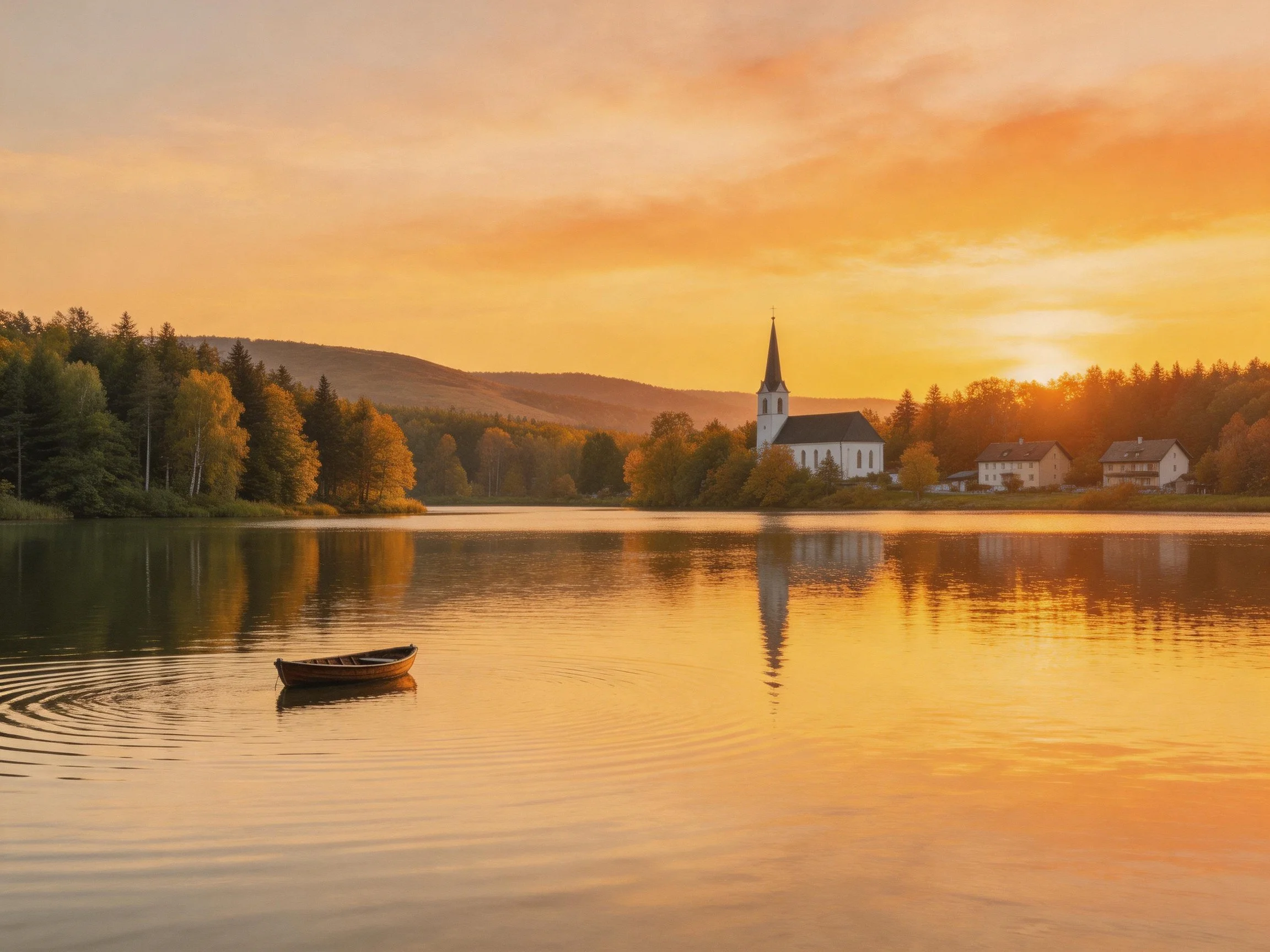 A serene lake at golden hour with a church and small boat