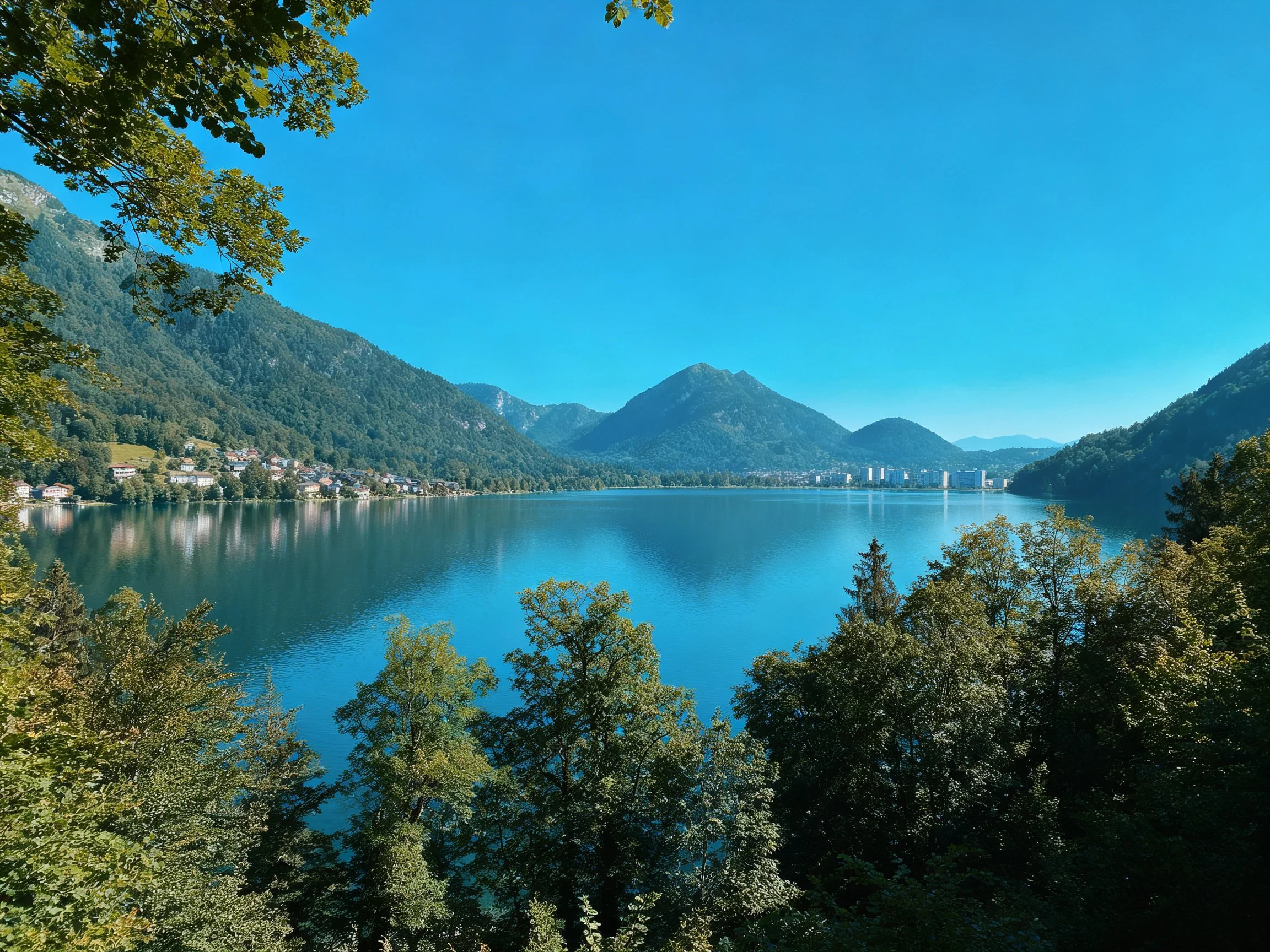 A serene lake bordered by lush green mountains and dense forests