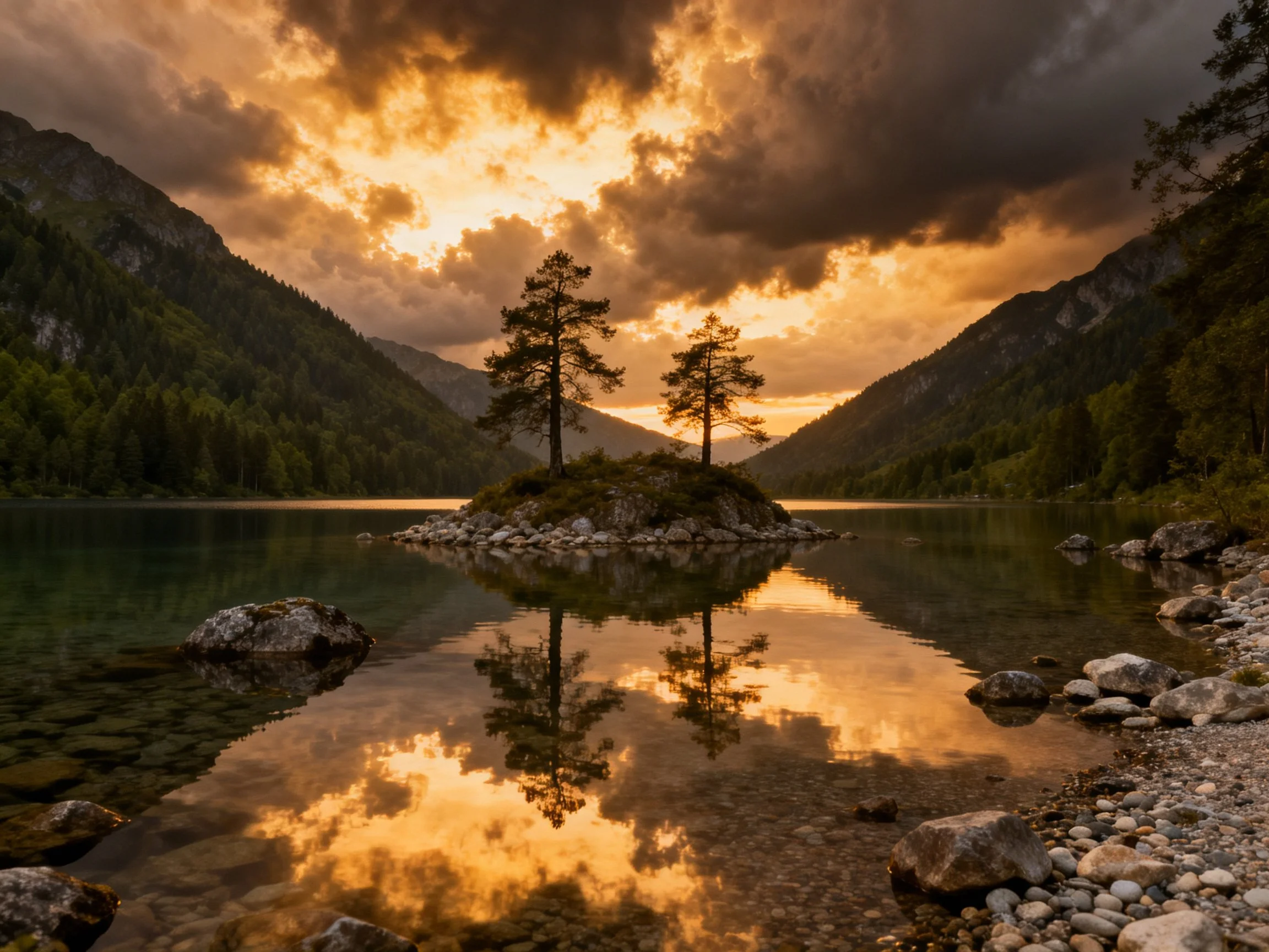 A serene lake island with two trees under dramatic sunset skies