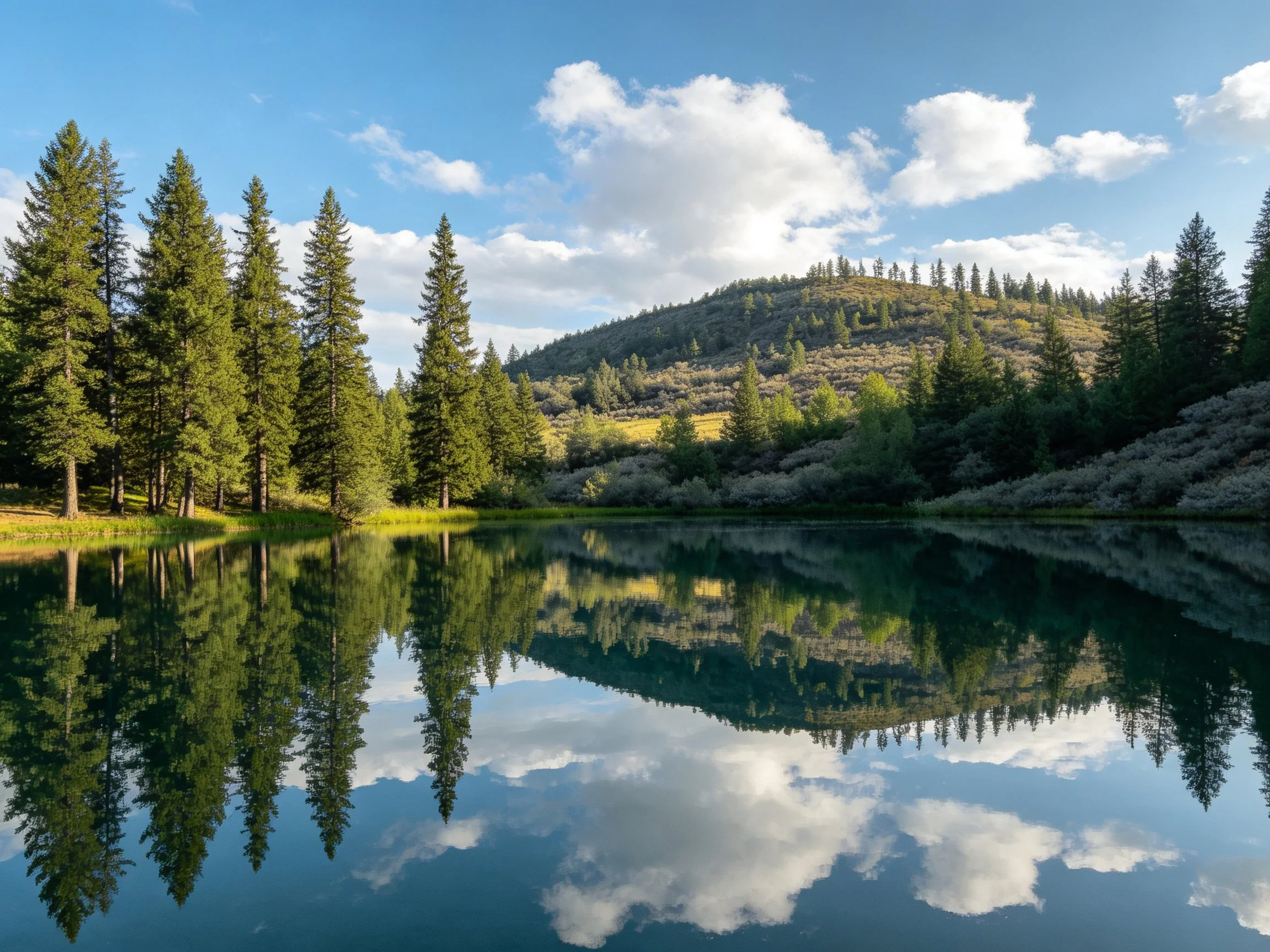 A serene lake reflecting tall evergreen trees and forested hills