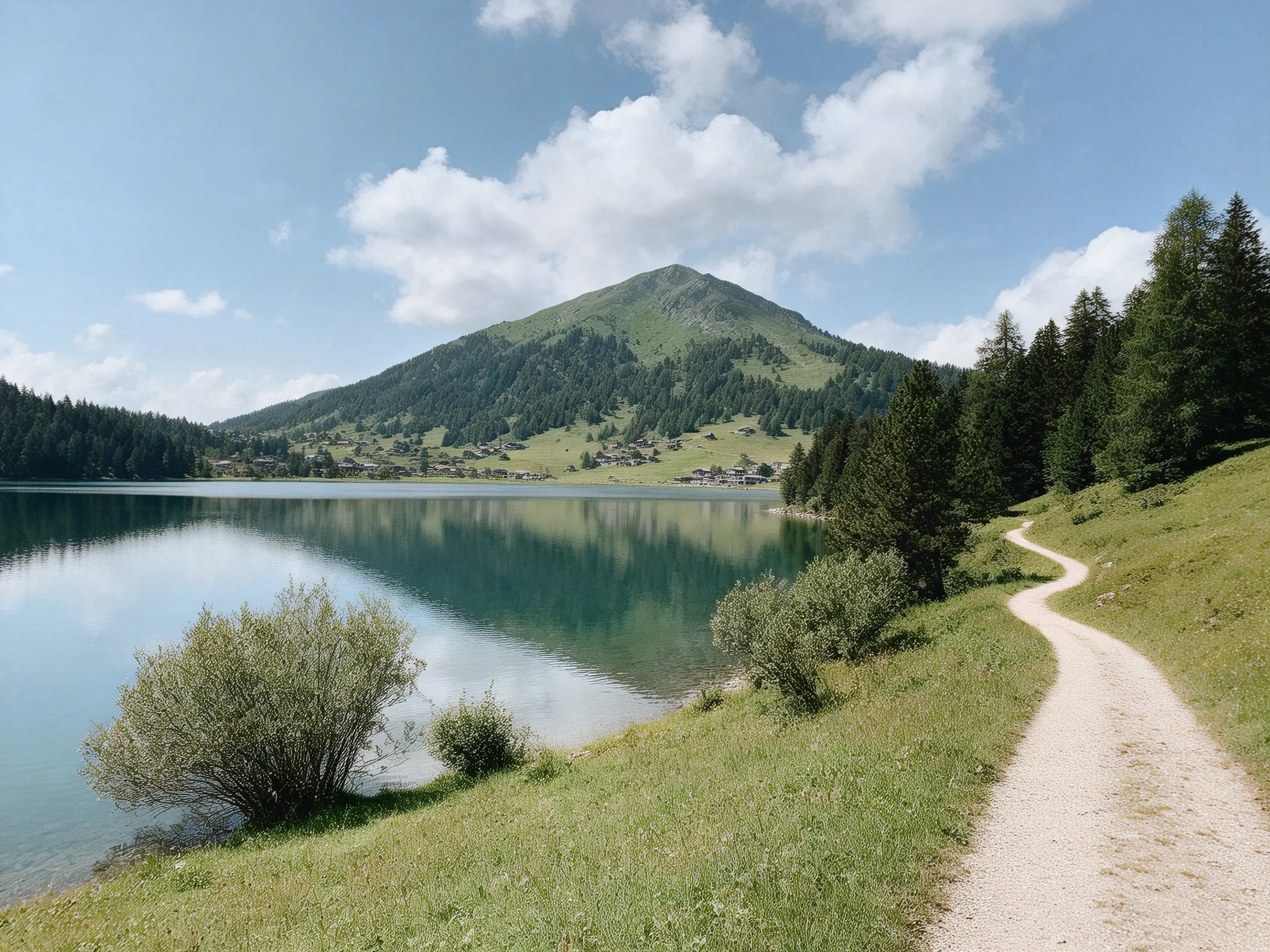 A serene lake reflects a green mountain with a winding dirt path nearby