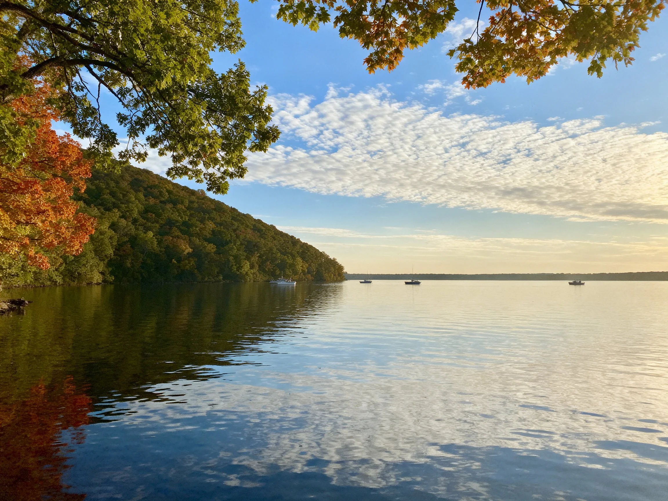 A serene lake reflects autumn trees and distant boats