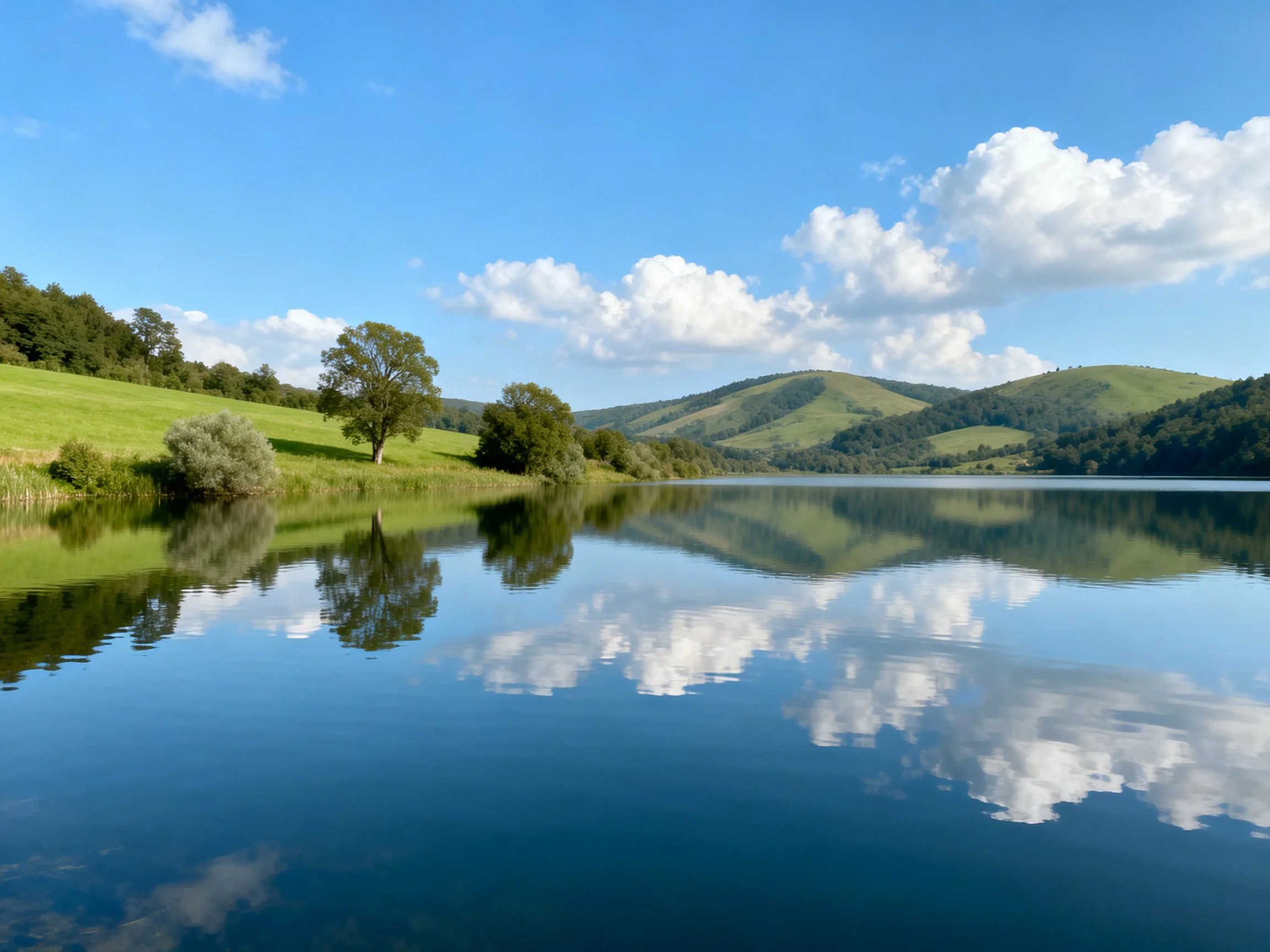 A serene lake reflects blue sky, green hills, and clouds