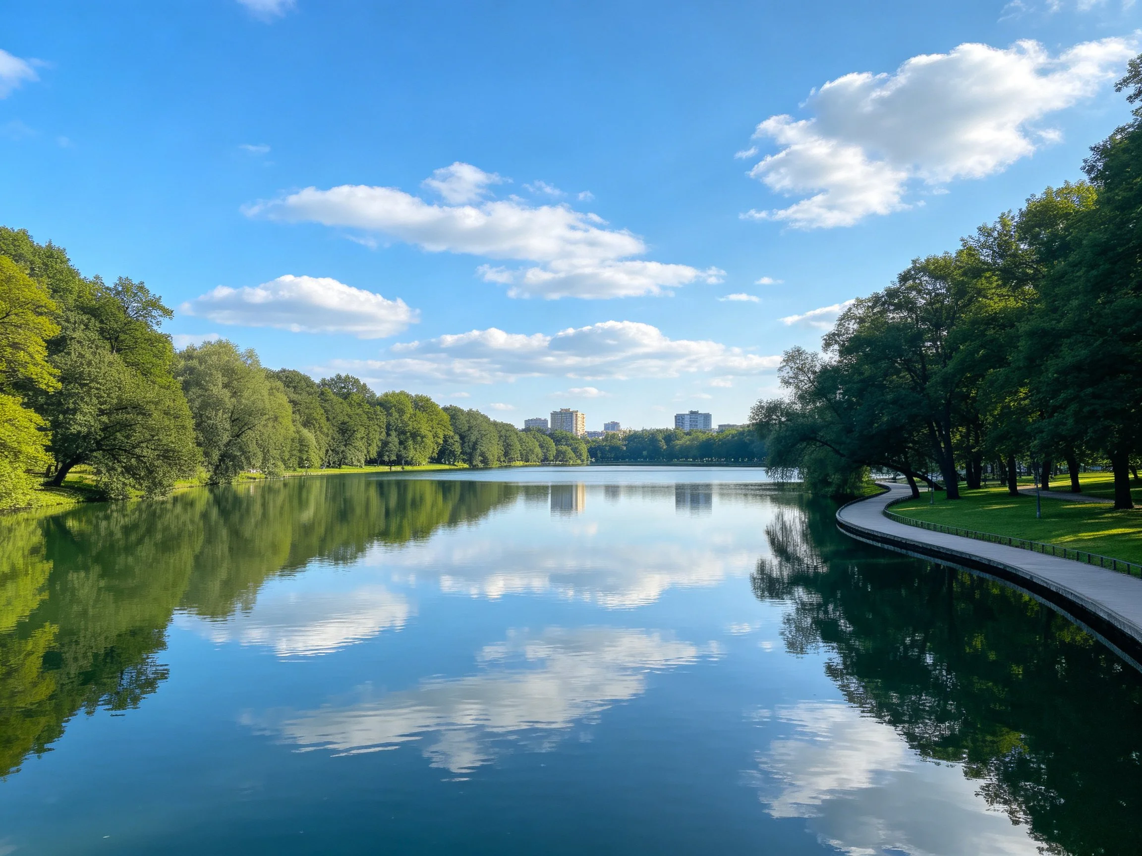 A serene lake reflects blue sky, green trees, and white clouds