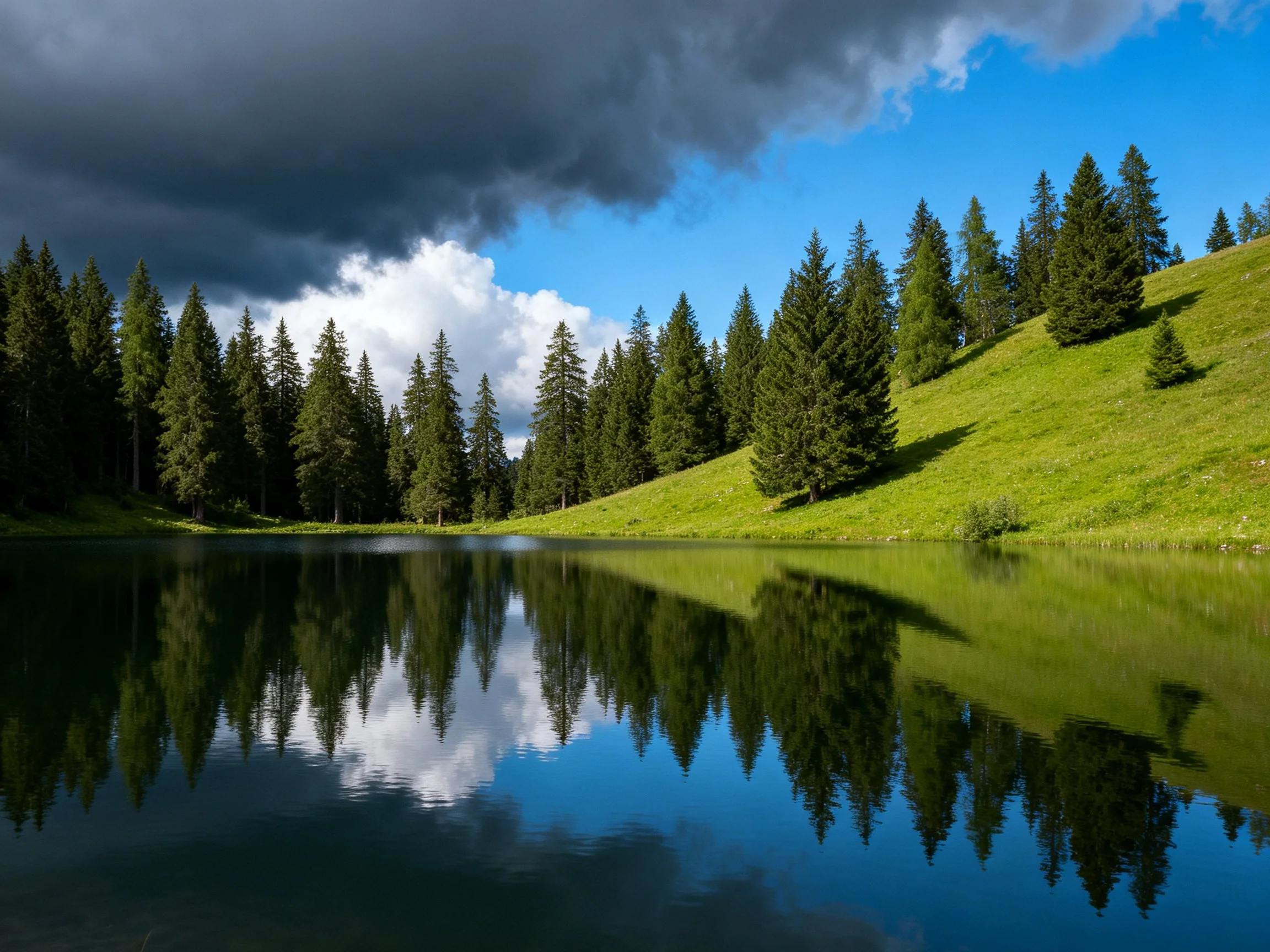 A serene lake reflects evergreen forests and green hills under contrasting skies
