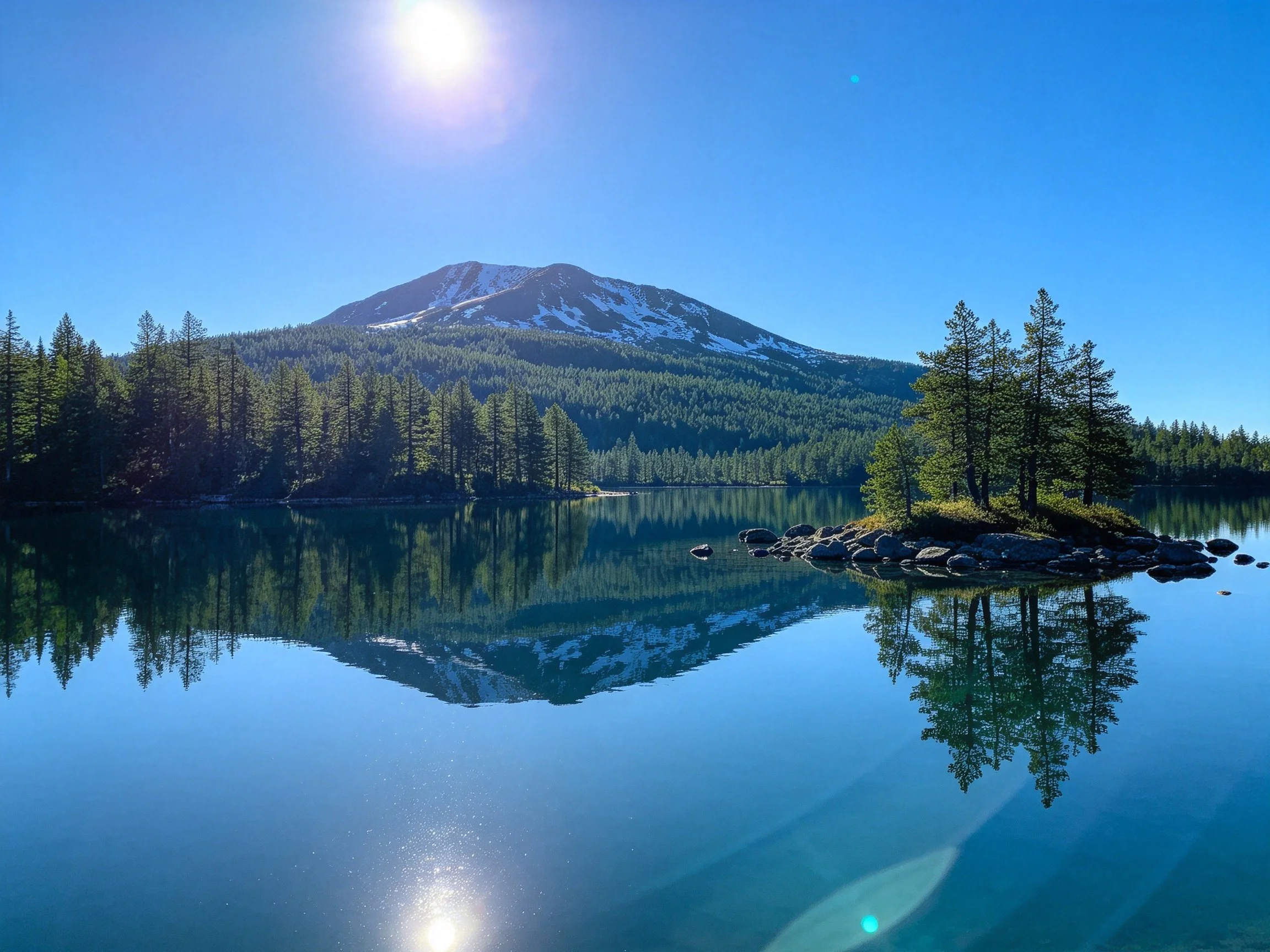 A serene lake reflects forested mountain scenery under bright sun