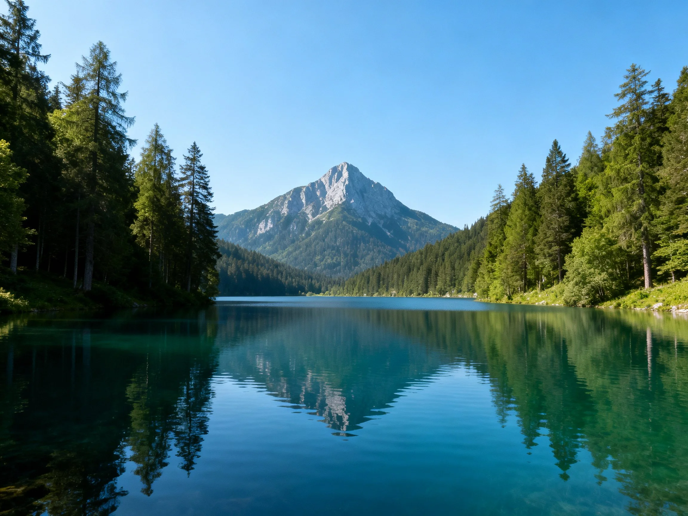 A serene lake reflects forested mountains and rocky peak