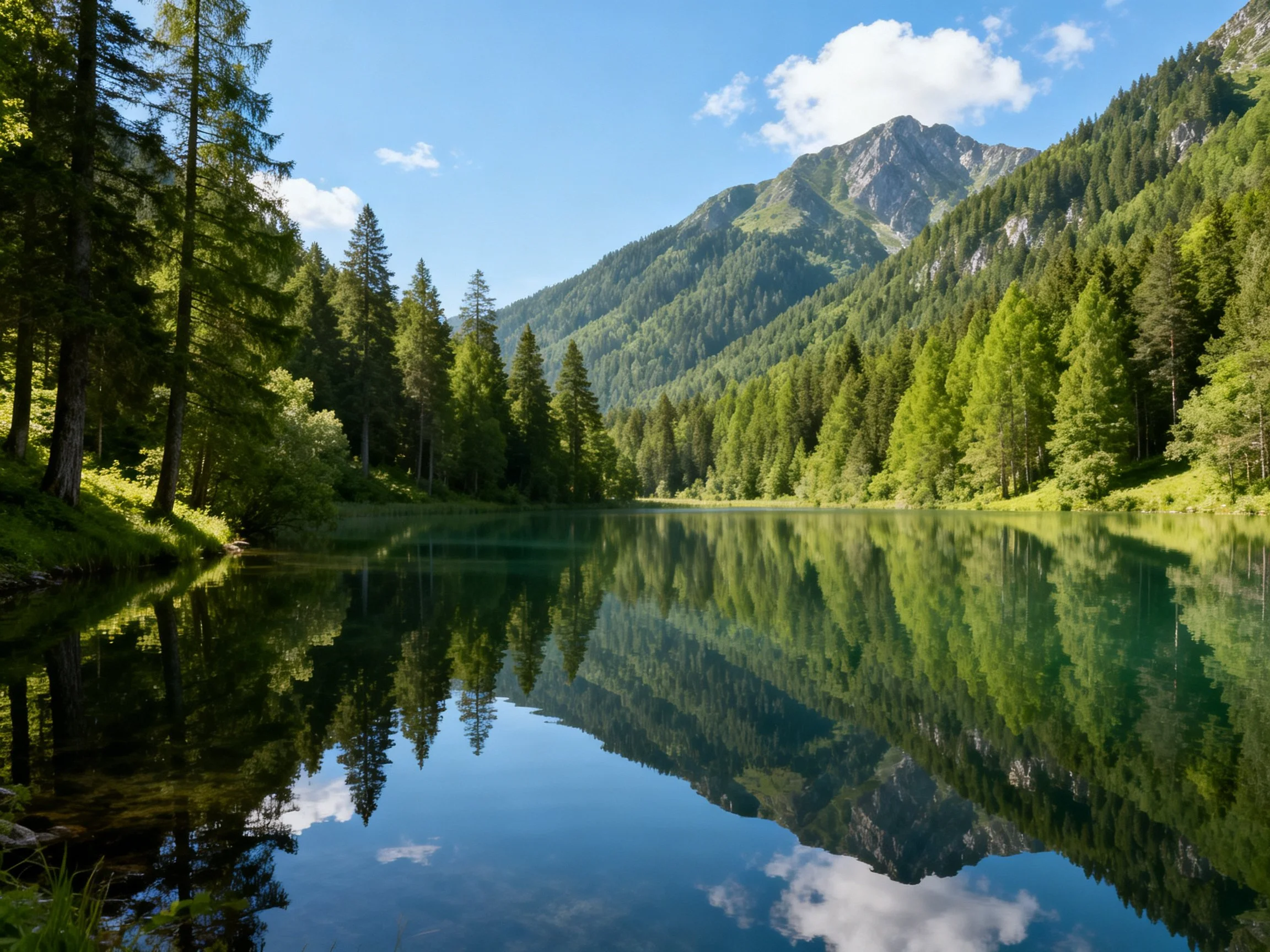 A serene lake reflects lush forests and towering mountains