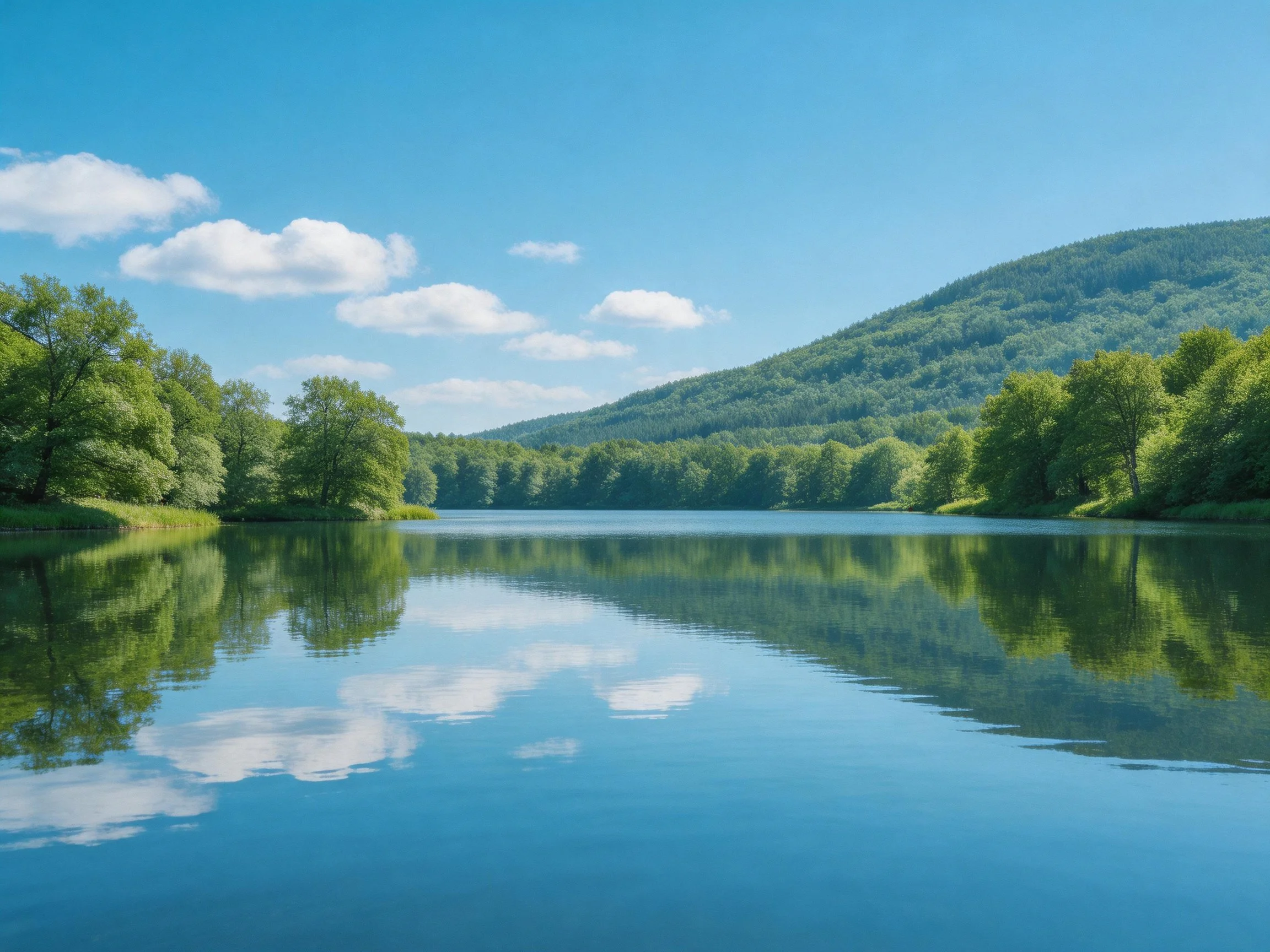 A serene lake reflects lush green forests and a clear blue sky