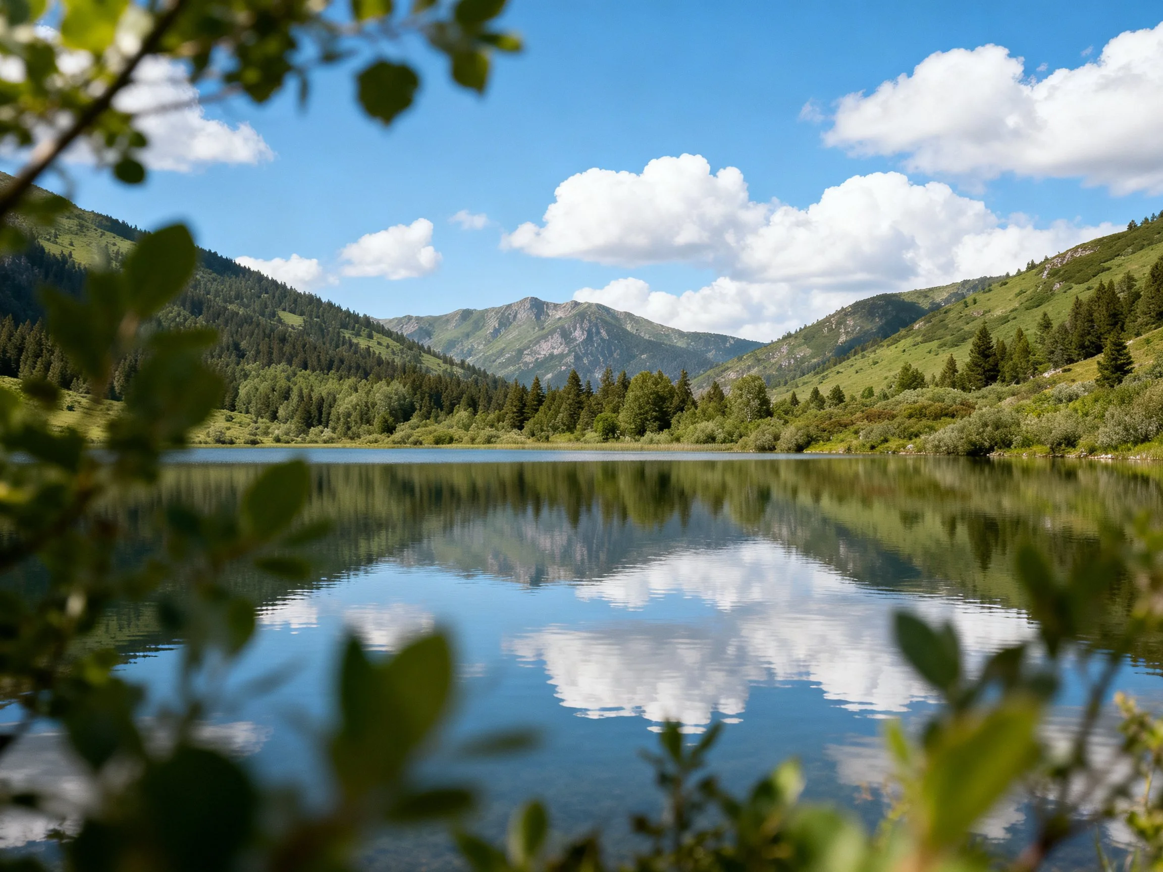 A serene lake reflects lush green mountains and bright blue skies