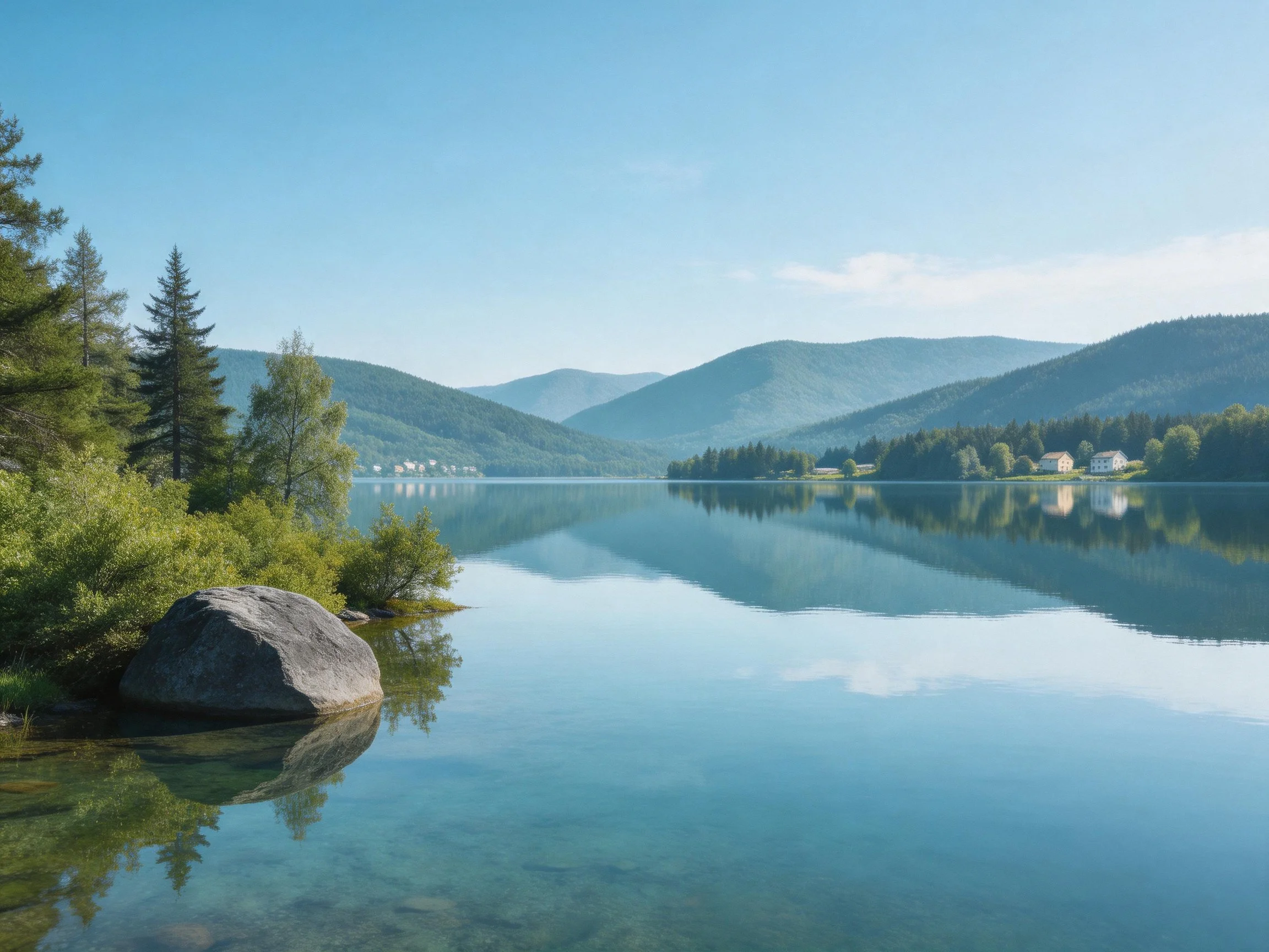A serene lake reflects misty mountains and lush forests