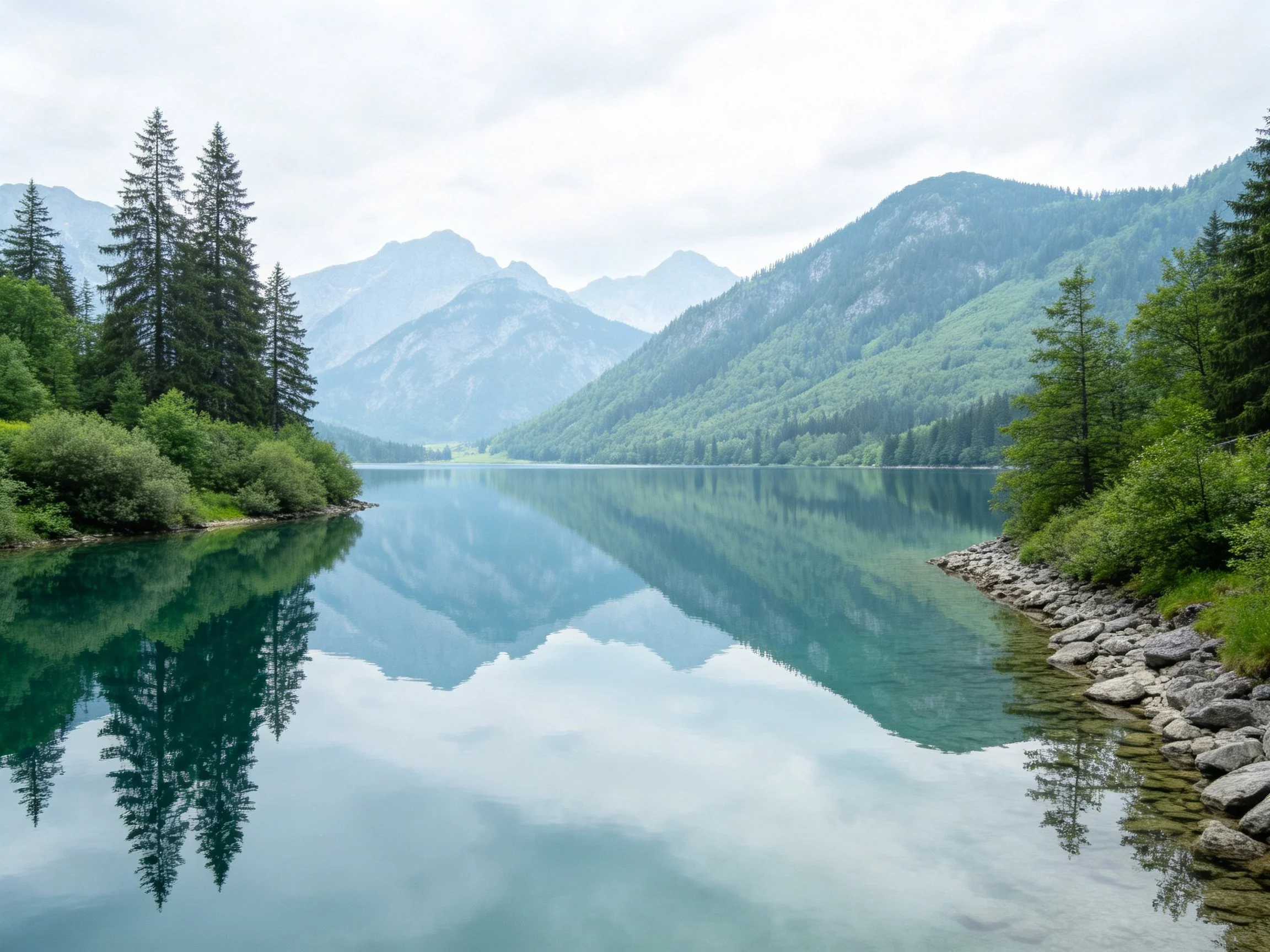 A serene lake reflects misty mountains and lush forests