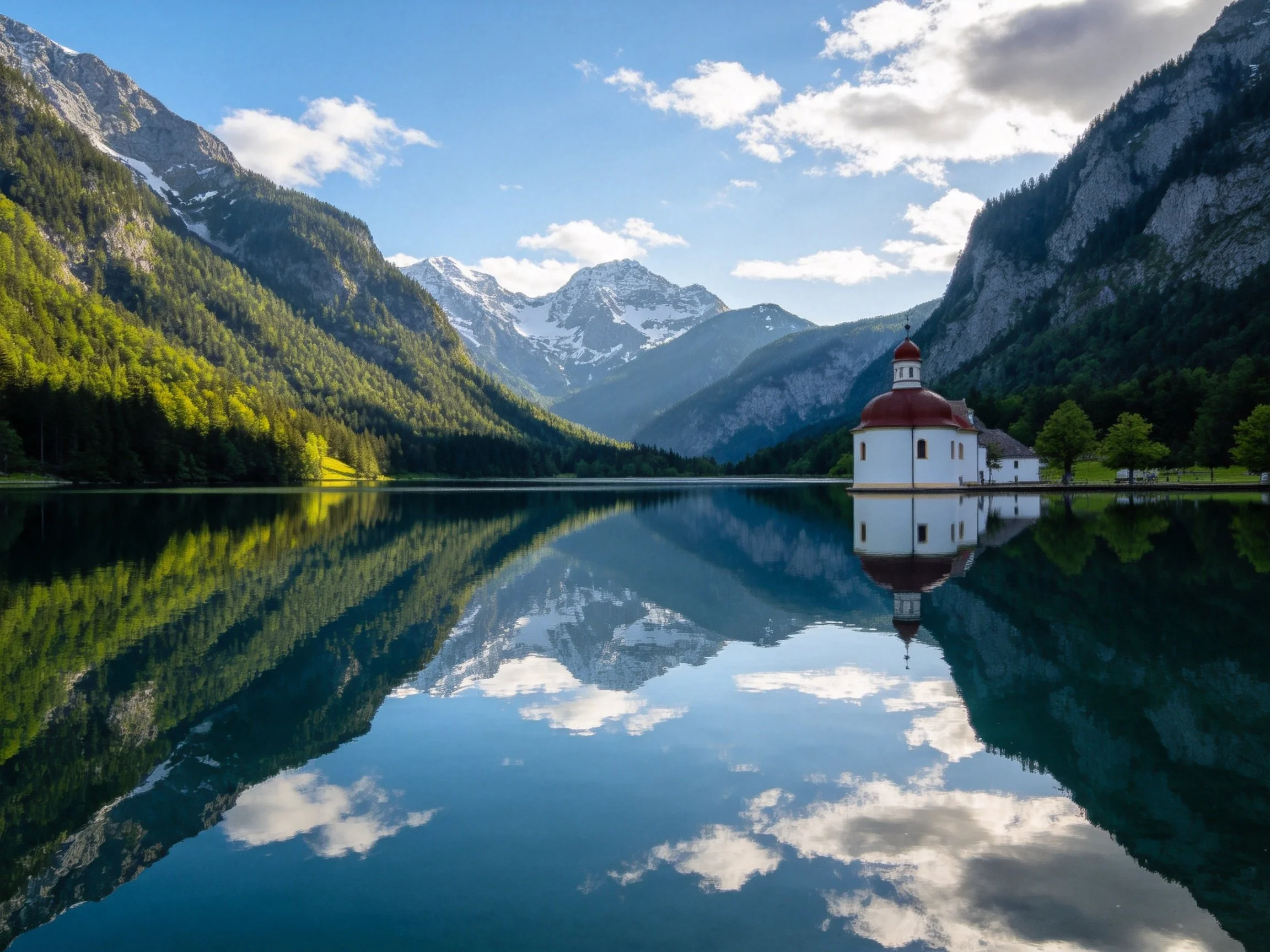 A serene lake reflects mountains, a white church with red roof