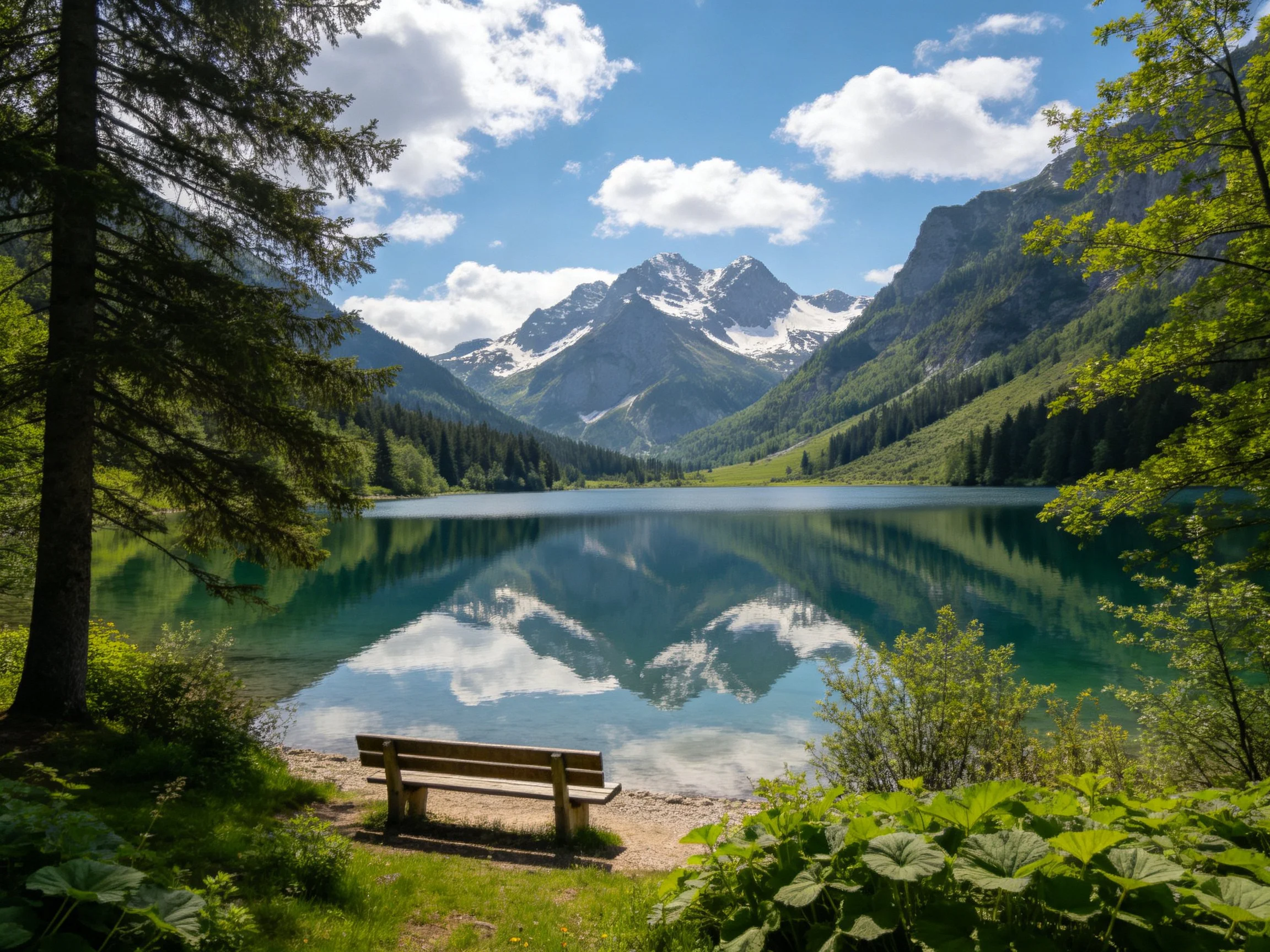 A serene lake reflects snow-capped mountains with forested surroundings