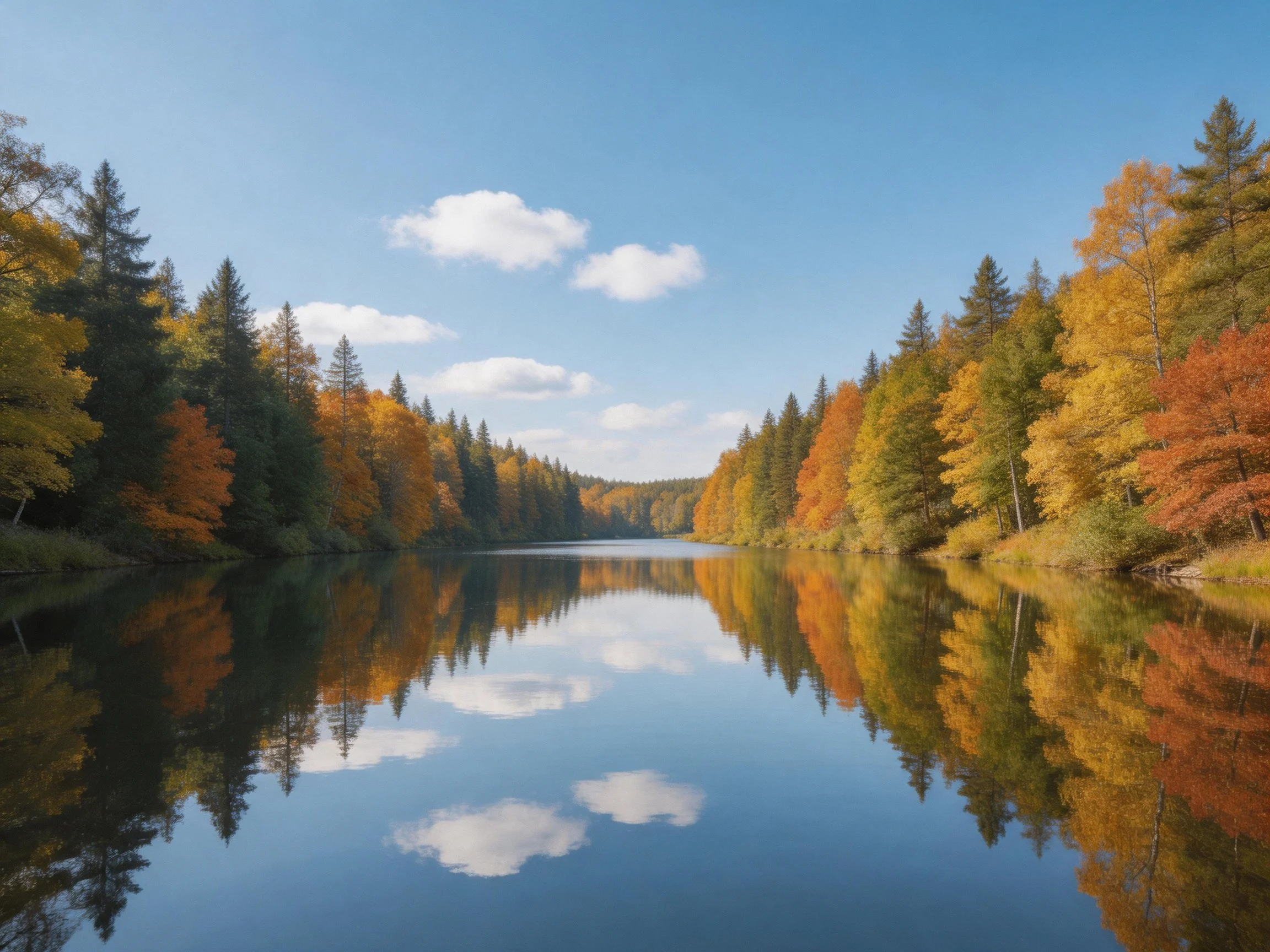 A serene lake reflects vibrant autumn forest and clear blue sky