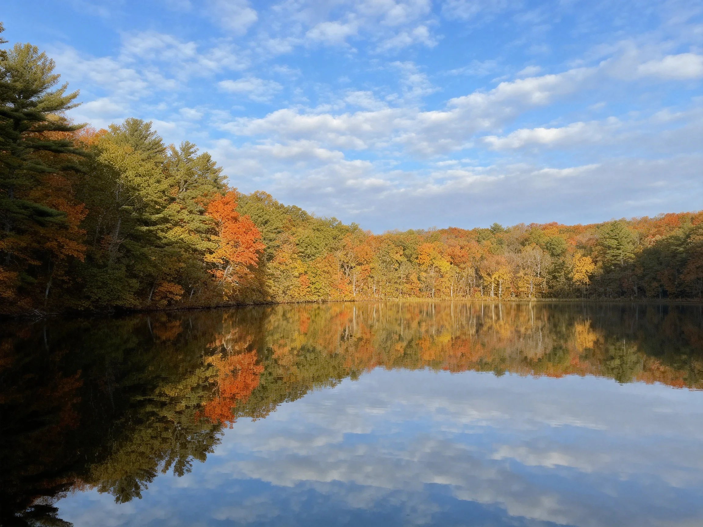 A serene lake reflects vibrant autumn forest and clear blue sky.
