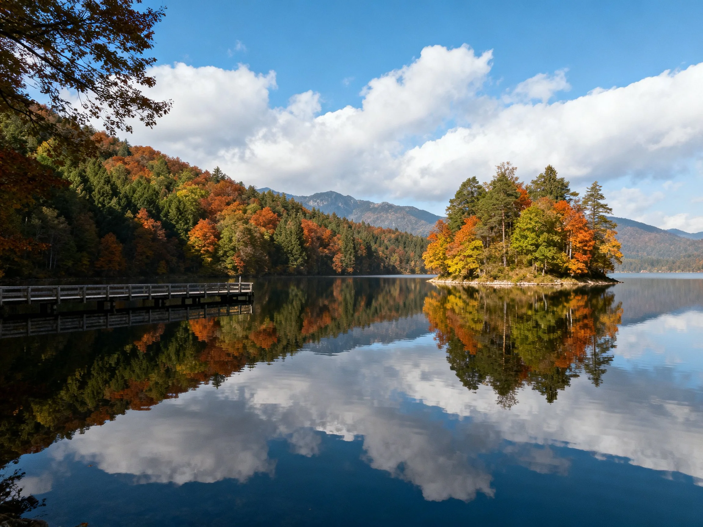 A serene lake reflects vibrant autumn forests and distant mountains