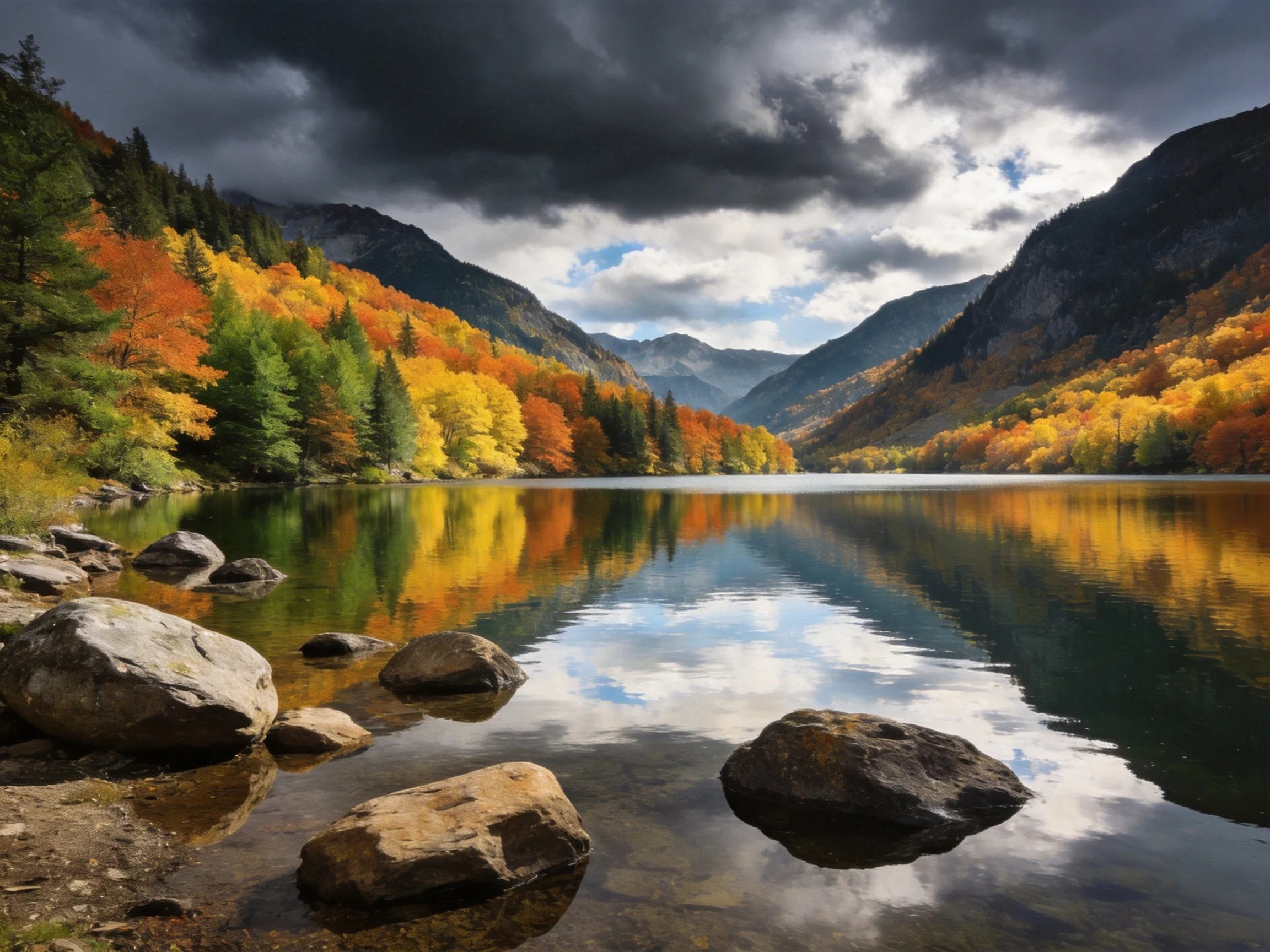 A serene lake reflects vibrant fall forests and towering mountain peaks