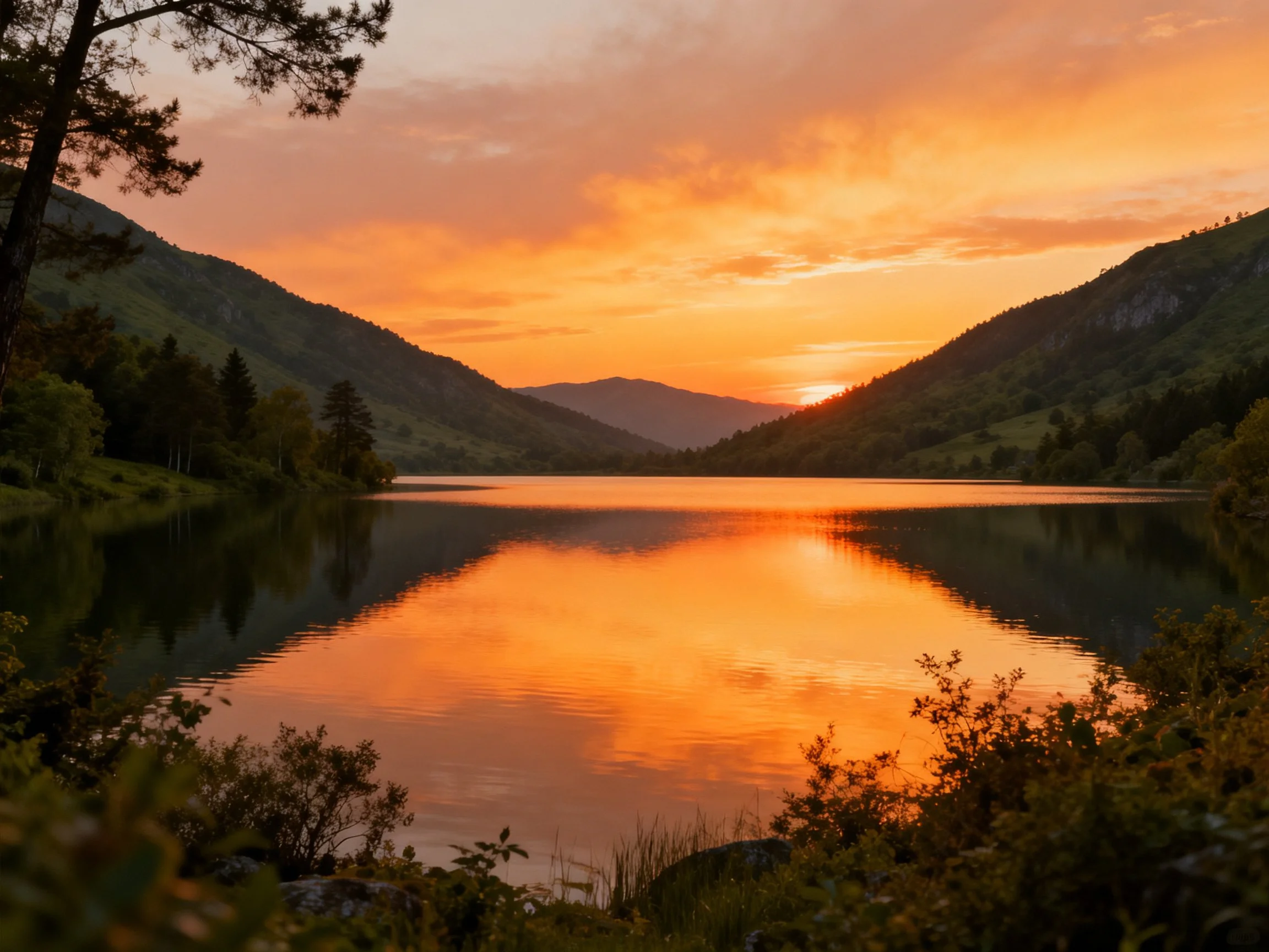 A serene lake reflects vibrant sunset hues amid green mountains