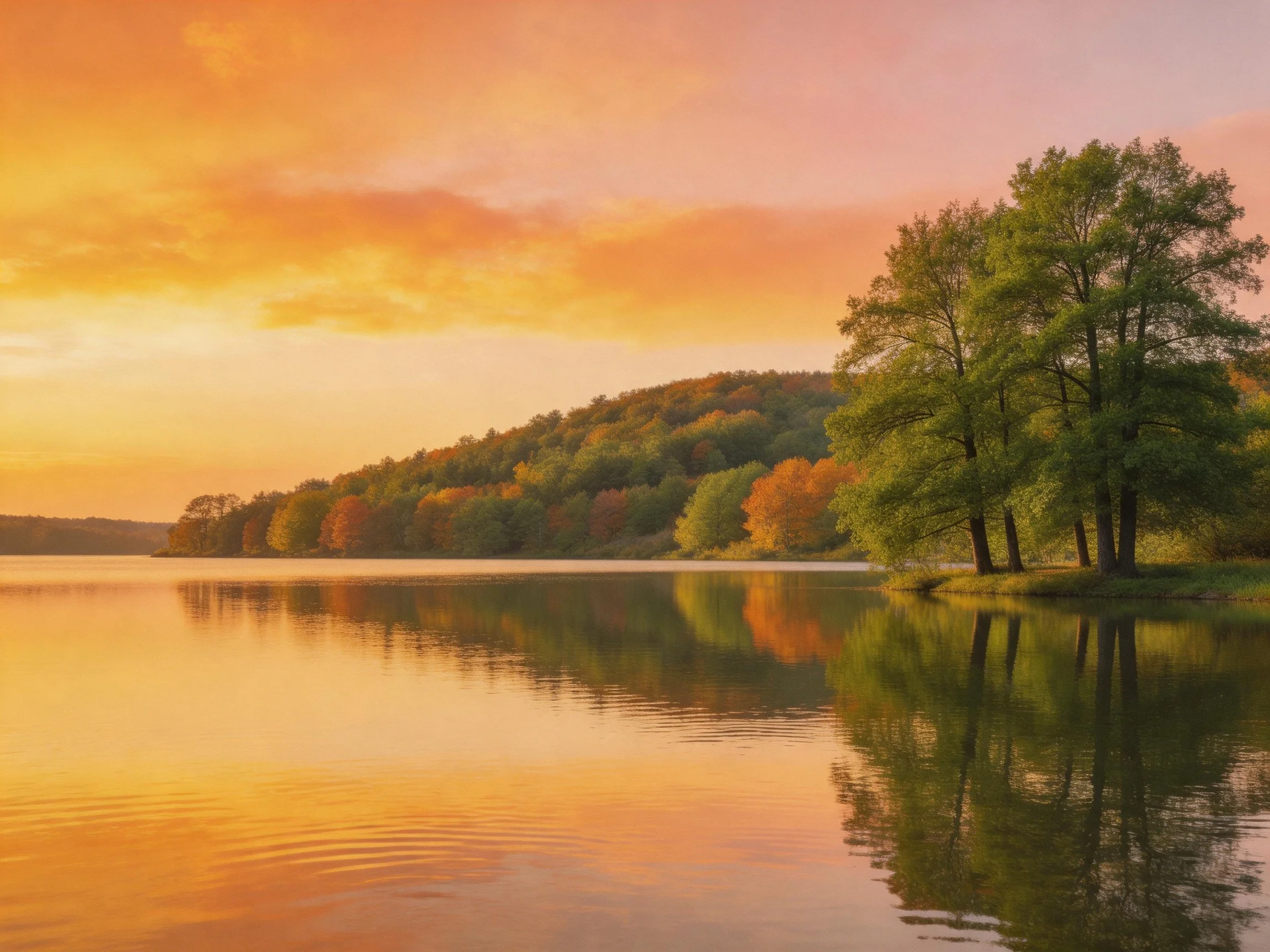 A serene lake reflects vibrant sunset hues near lush green trees