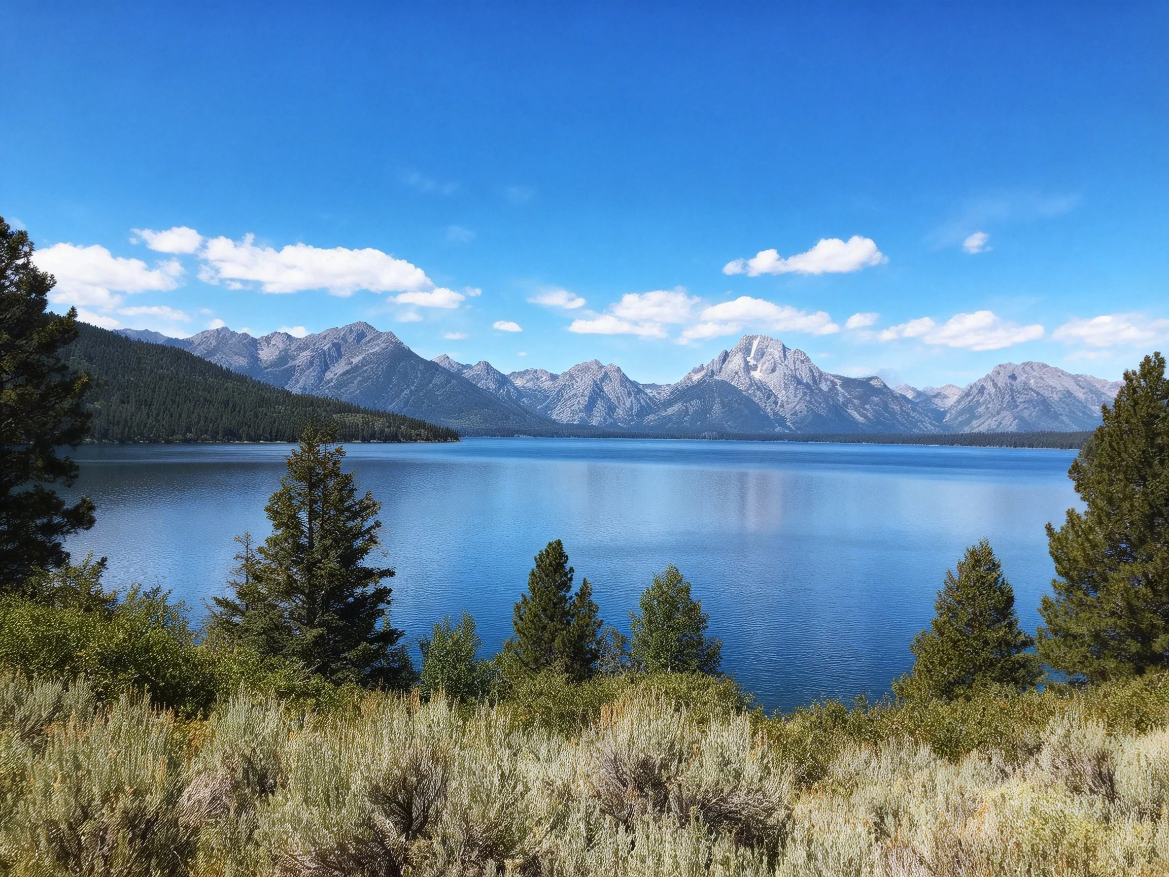 A serene lake surrounded by evergreen trees and majestic mountain peaks
