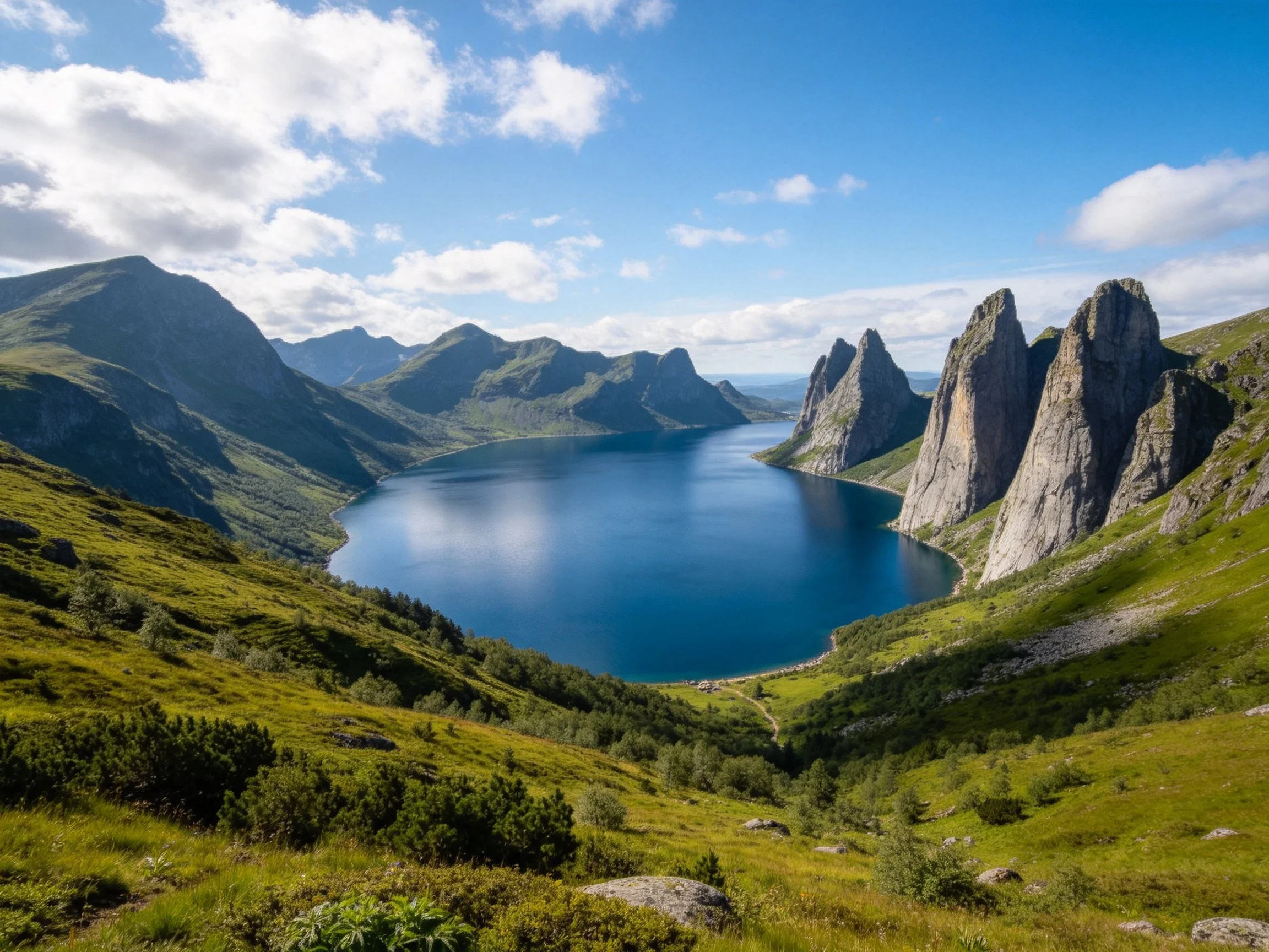 A serene lake surrounded by rocky peaks and green hills