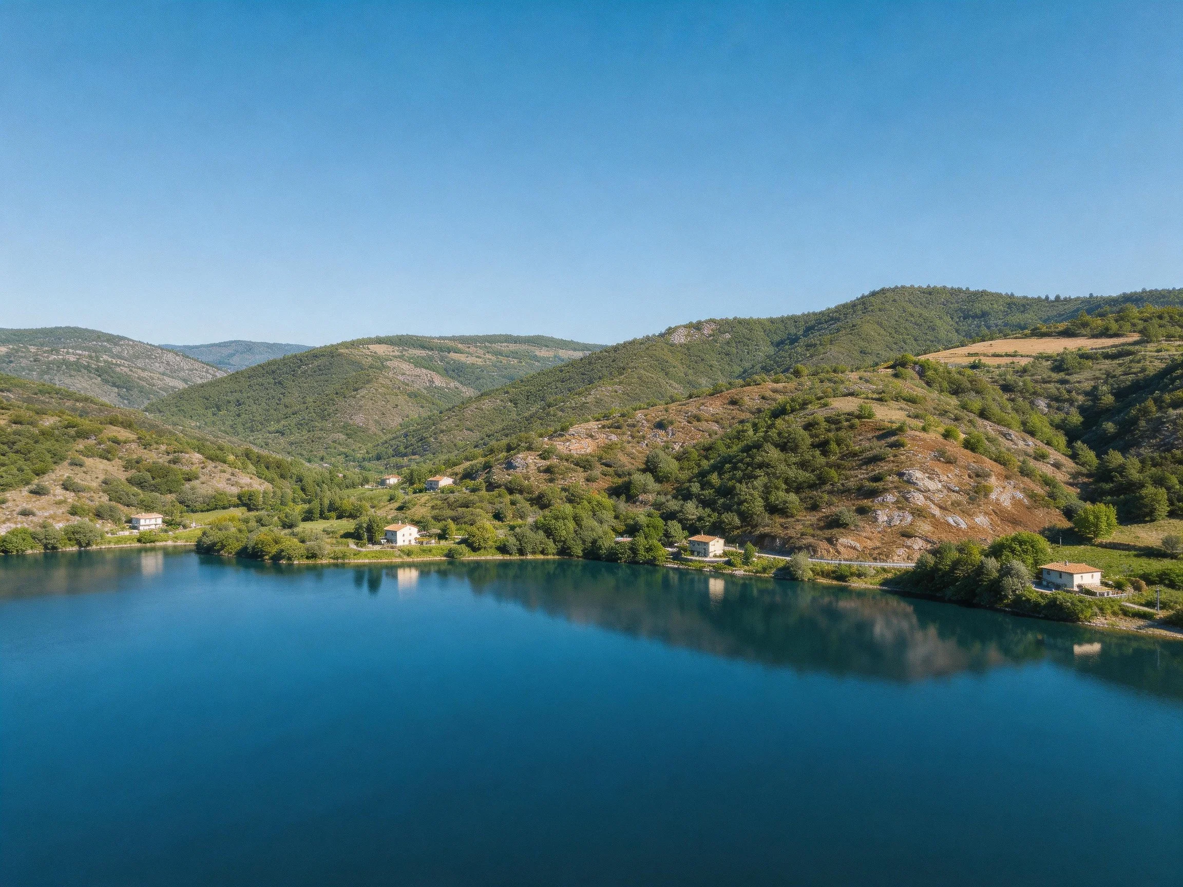 A serene lake surrounded by rolling green hills and scattered cottages