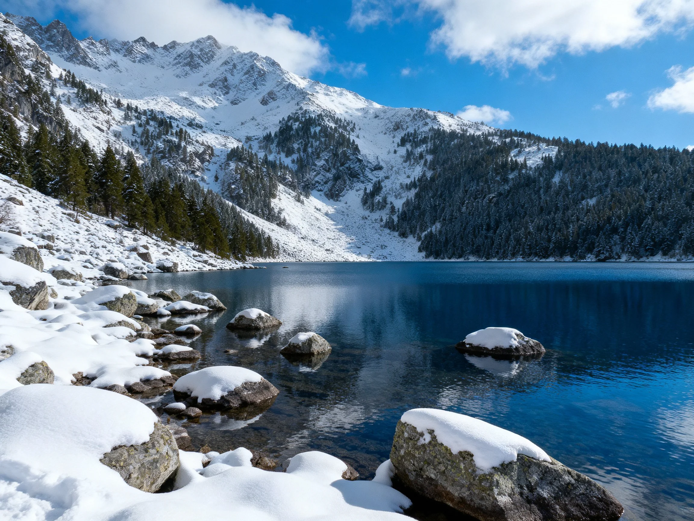 A serene lake surrounded by snow-laden rocks and towering peaks