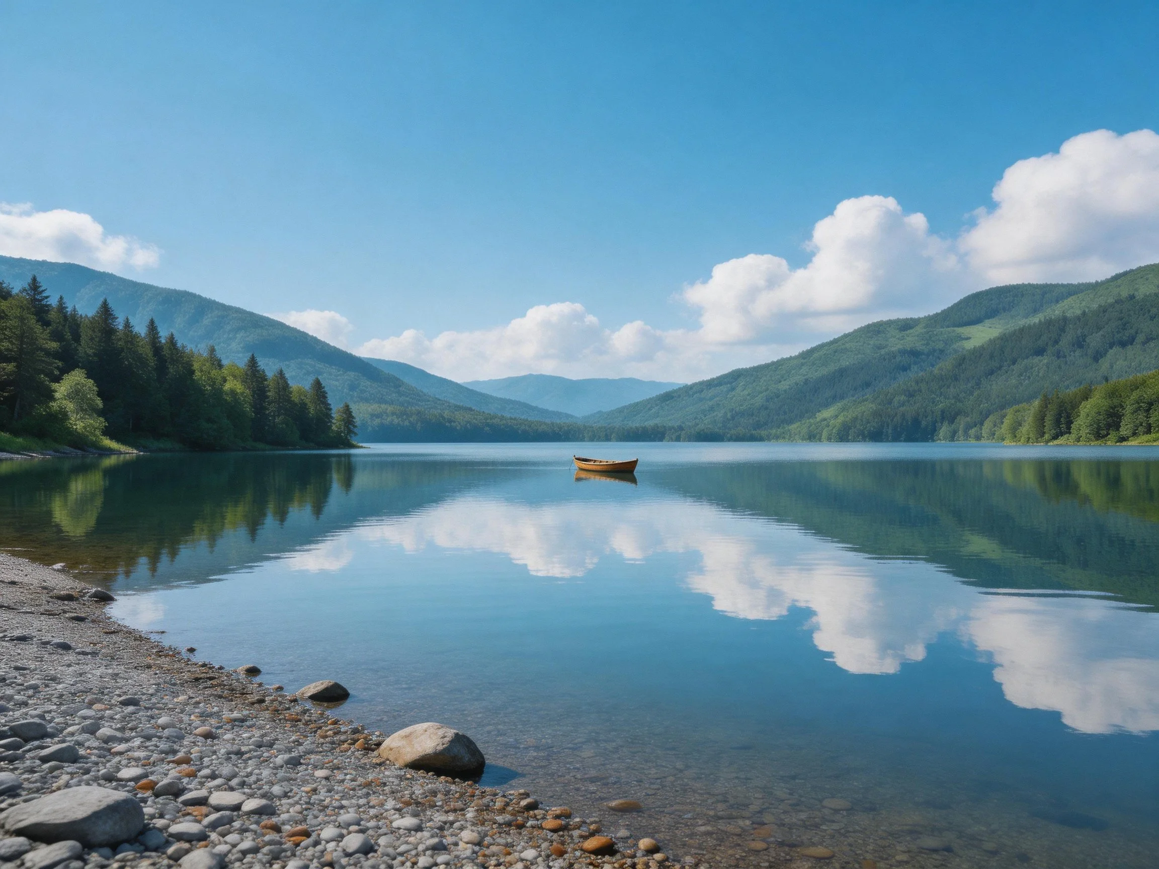 A serene lake with a wooden boat, forested hills, and clear blue skies