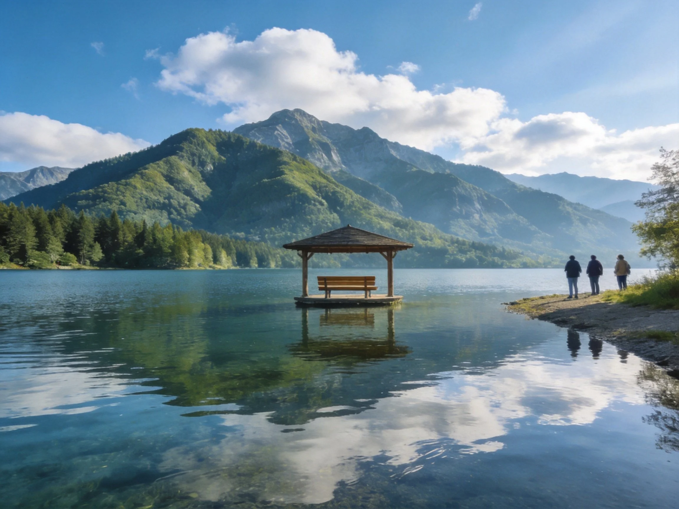 A serene lake with a wooden gazebo, surrounded by lush green mountains