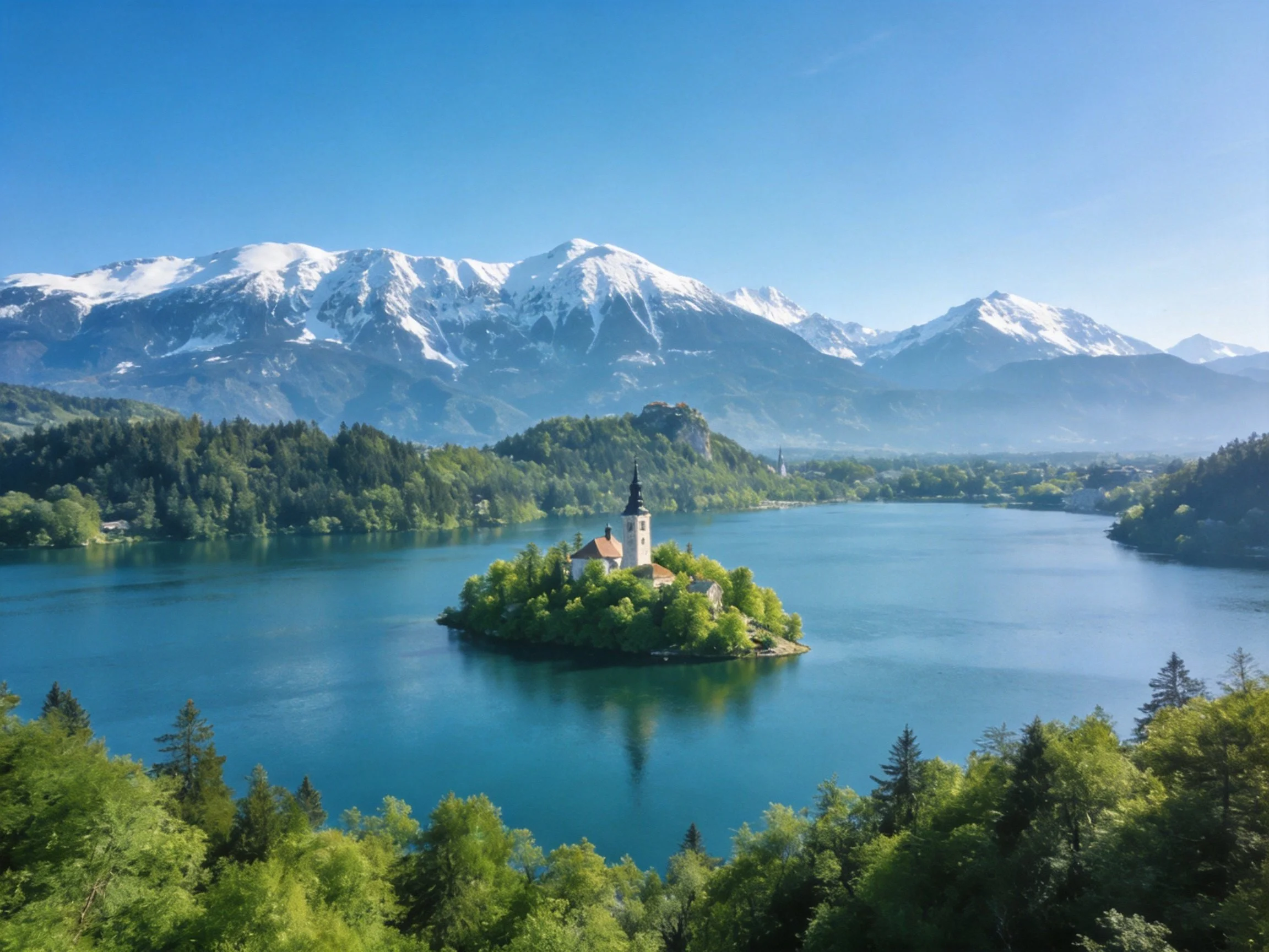 A serene lake with an island church surrounded by forested mountains
