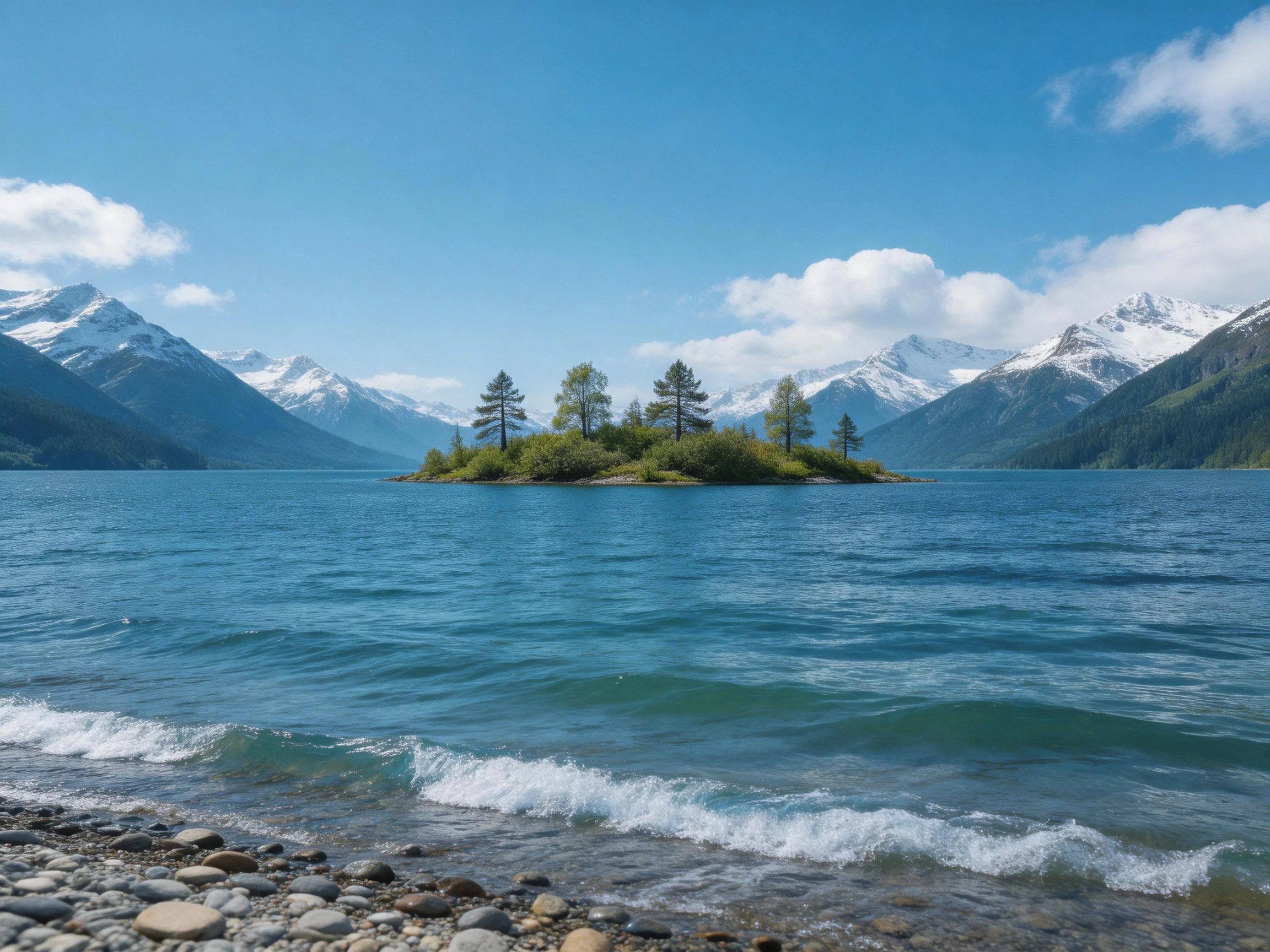 A serene lake with an island, snow-capped mountains, and clear blue skies