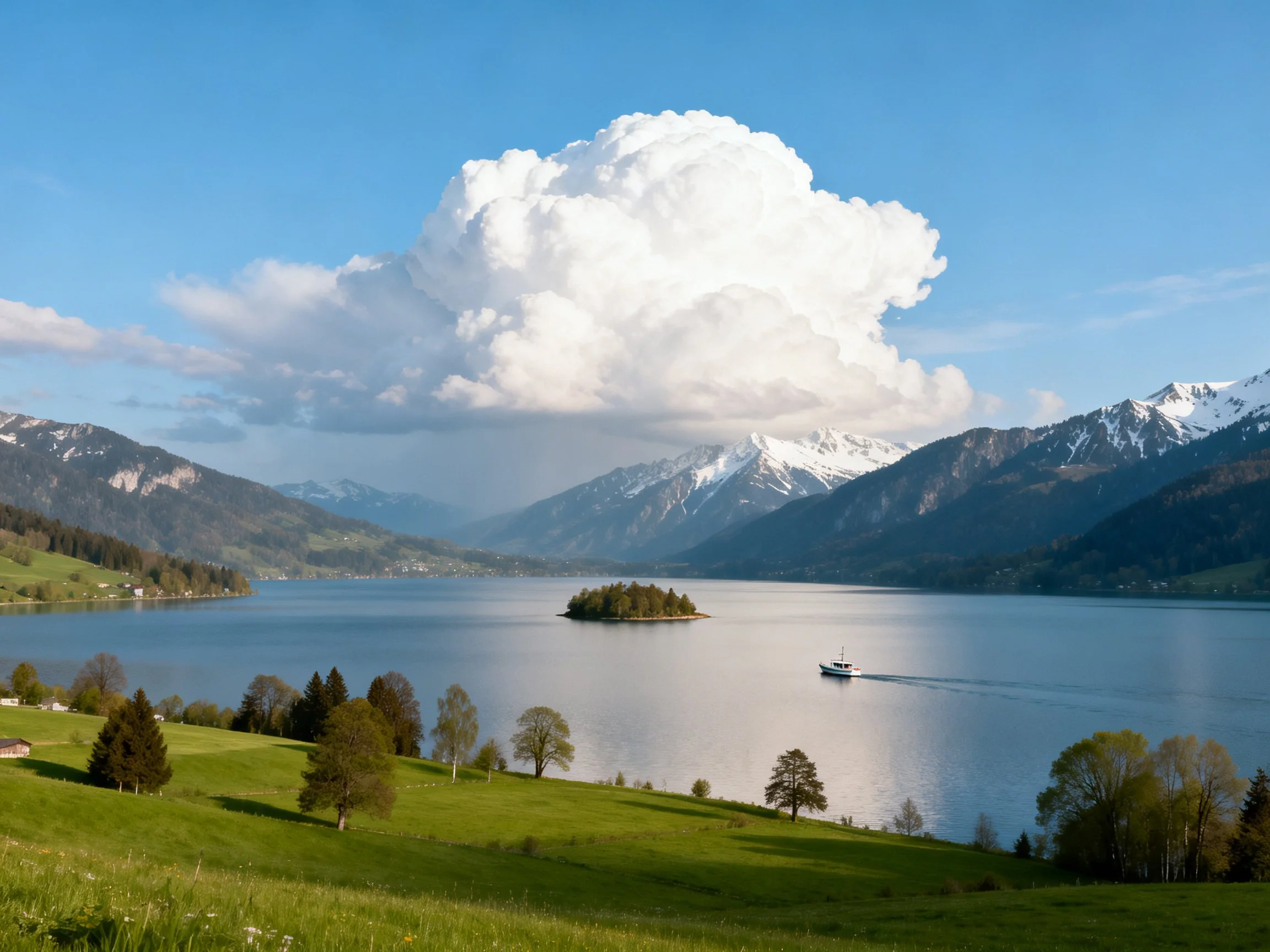 A serene lake with an island, snow - capped mountains, and large white clouds
