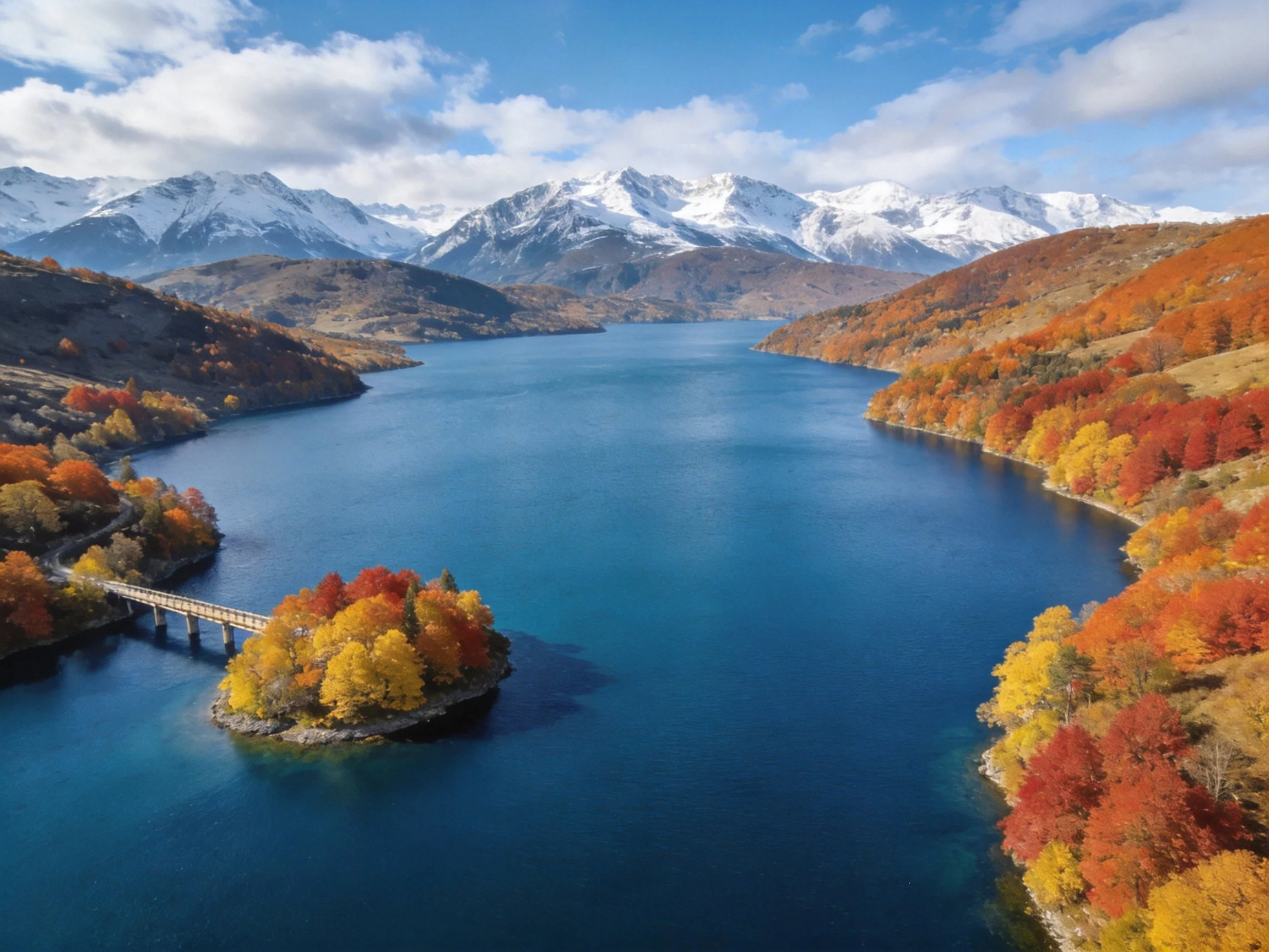 A serene lake with autumn forests and snow - capped mountains