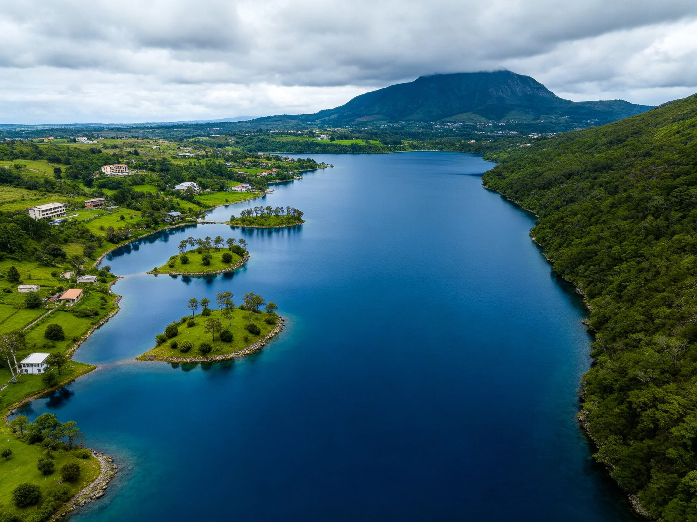 A serene lake with green islands, forested shores, and distant mountain