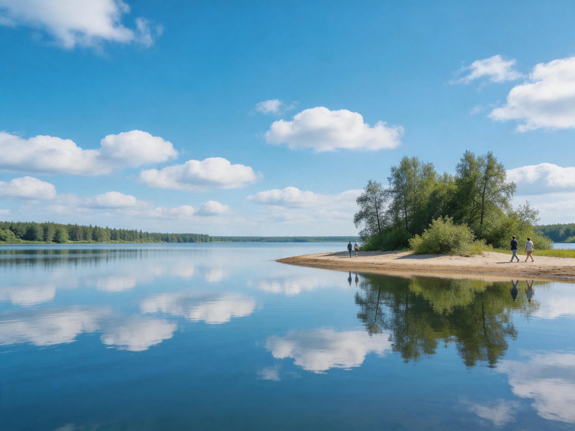 A serene lake with reflective waters and a tree-lined shore