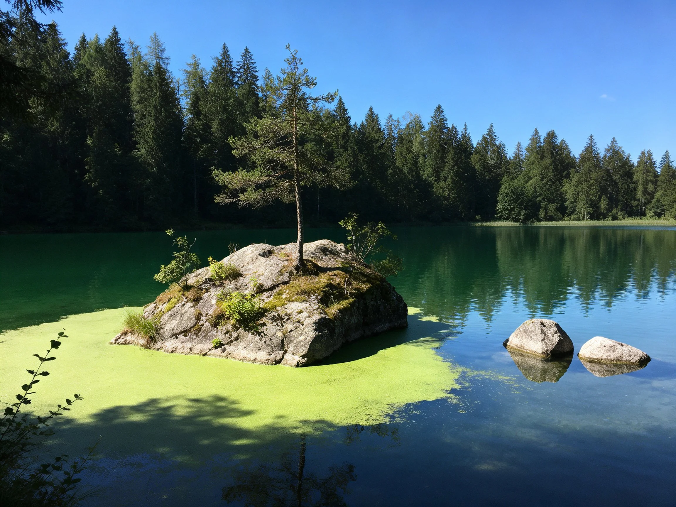 A serene lake with rocky island, dense forest backdrop