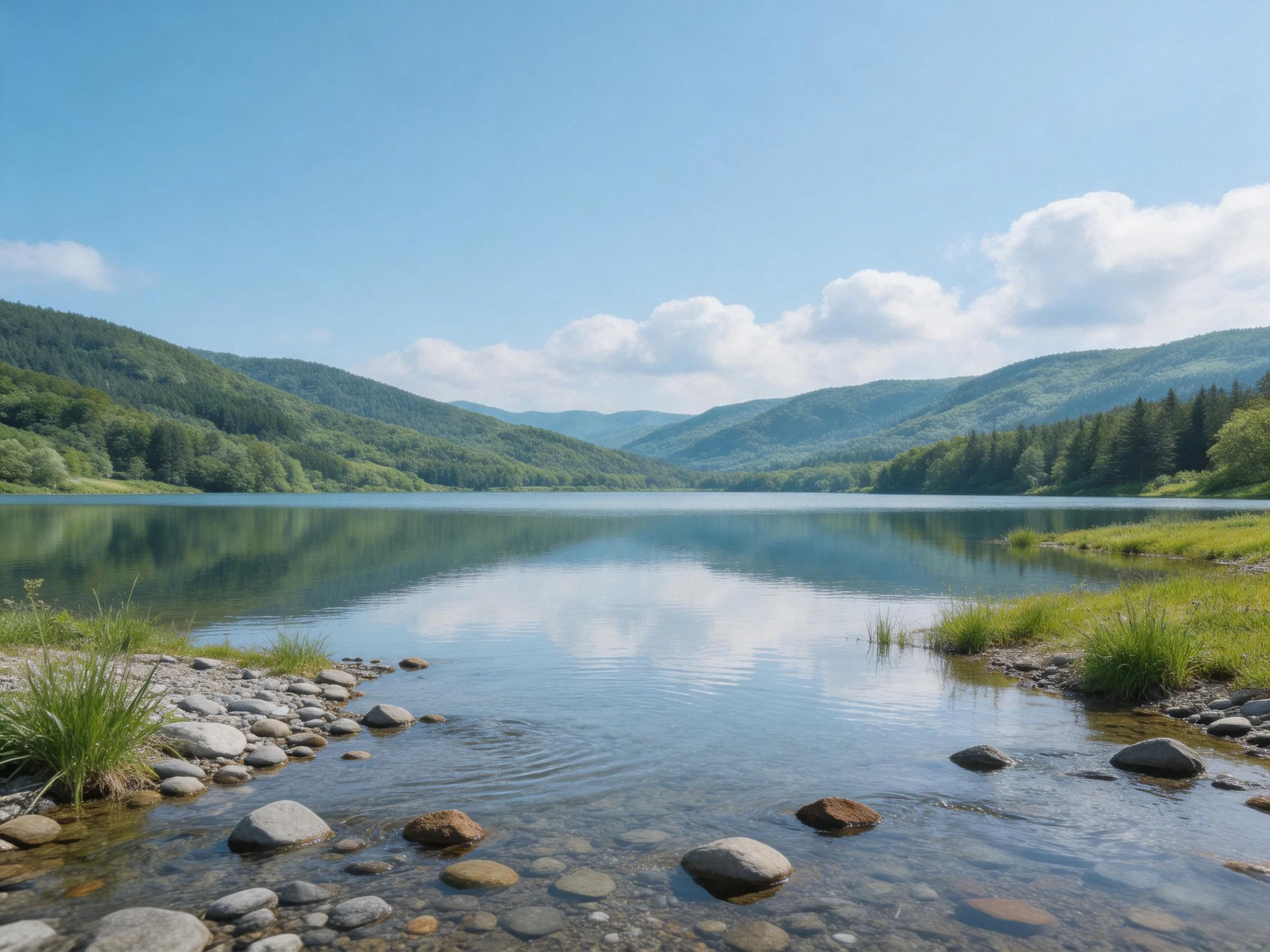 A serene lake with rocky shores and forested mountains