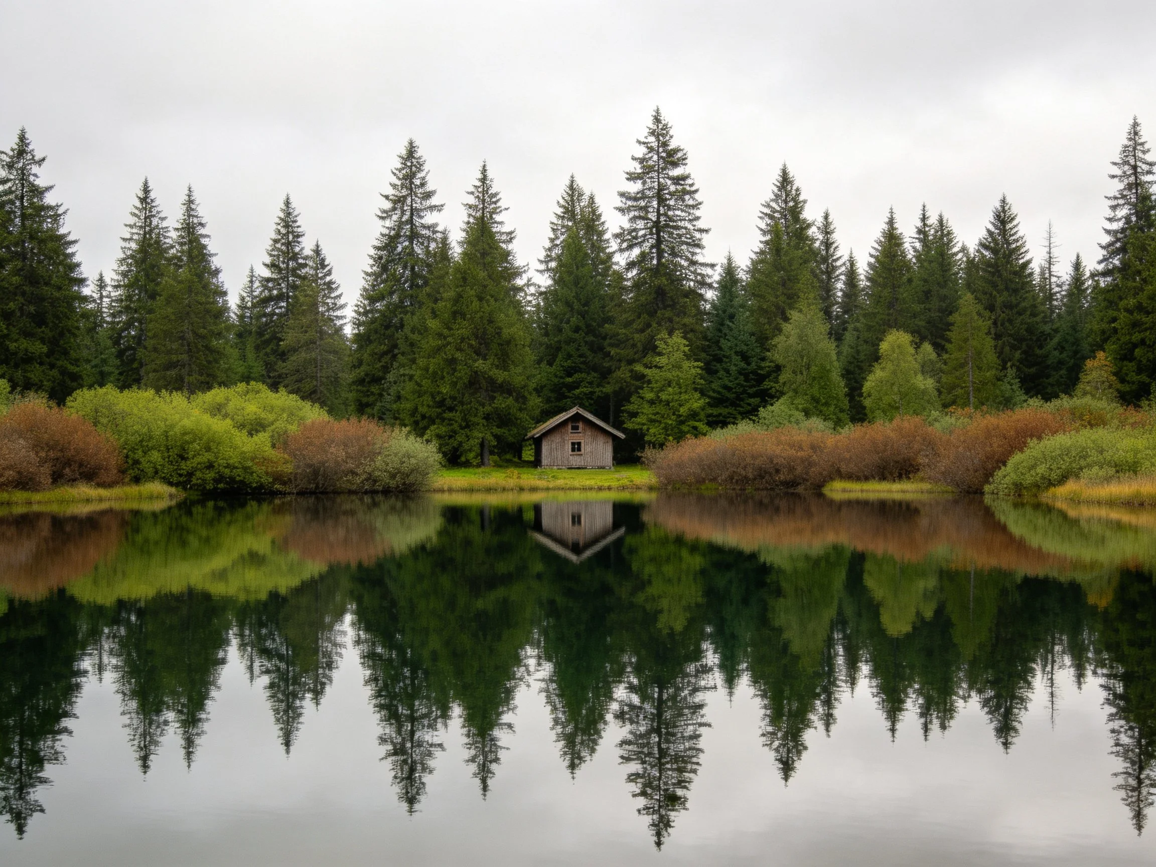 A serene lakeshore cabin reflected amid dense evergreen forest